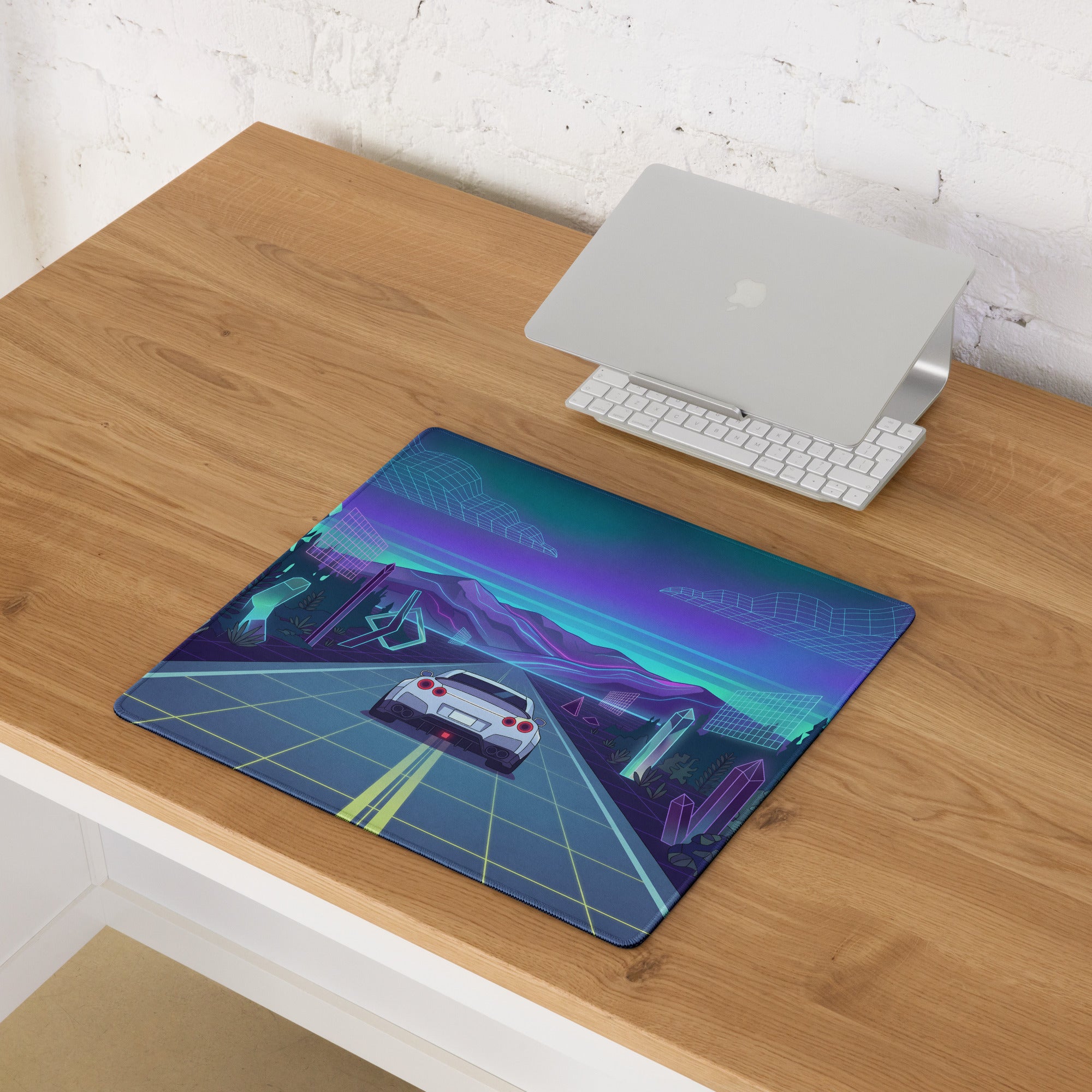 Nissan GT-R R35 Inspired White Blue Vaporwave Gaming Mouse Pad – Neon Mountain Highway Desk Mat with Retro Futuristic Crystal Landscape Artwork