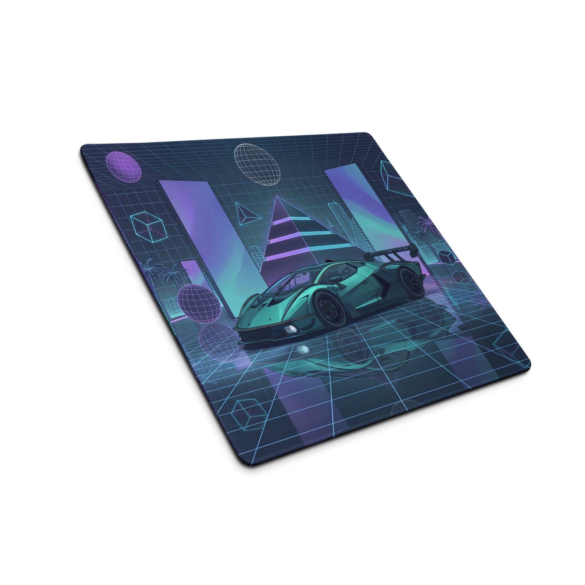 Lamborghini Essenza SCV12 Inspired Teal Blue Vaporwave Gaming Mouse Pad – Neon Grid Supercar Desk Mat with Retro Futuristic Cyberpunk Artwork