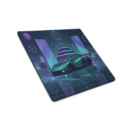 Lamborghini Essenza SCV12 Inspired Teal Blue Vaporwave Gaming Mouse Pad – Neon Grid Supercar Desk Mat with Retro Futuristic Cyberpunk Artwork