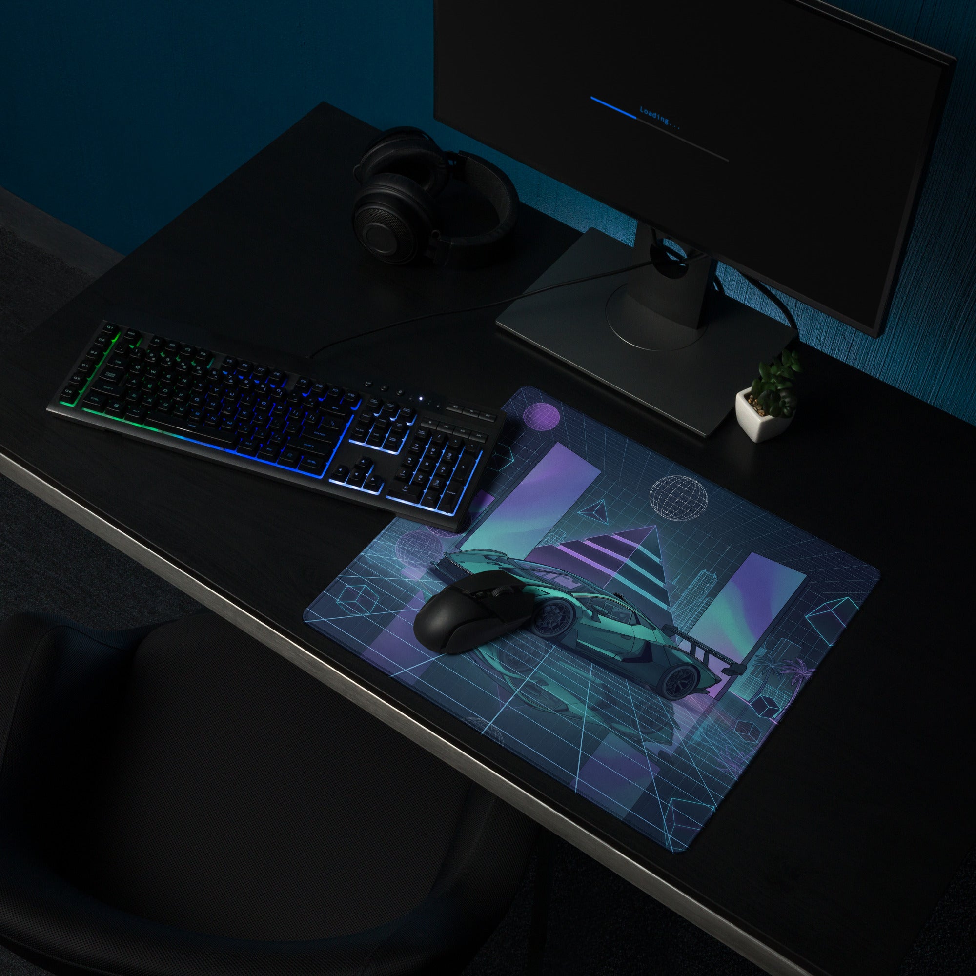 Lamborghini Essenza SCV12 Inspired Teal Blue Vaporwave Gaming Mouse Pad – Neon Grid Supercar Desk Mat with Retro Futuristic Cyberpunk Artwork