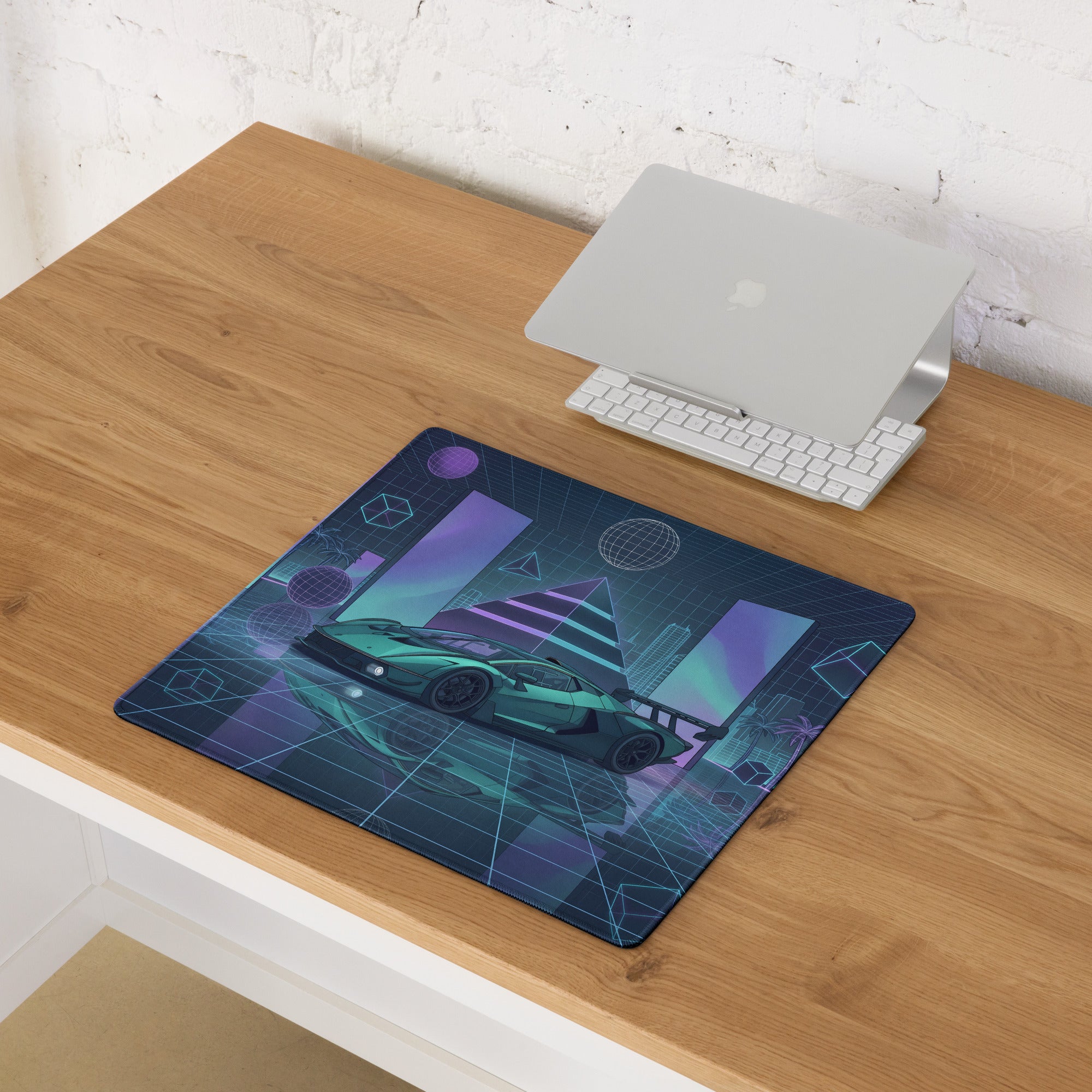 Lamborghini Essenza SCV12 Inspired Teal Blue Vaporwave Gaming Mouse Pad – Neon Grid Supercar Desk Mat with Retro Futuristic Cyberpunk Artwork