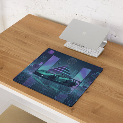 Lamborghini Essenza SCV12 Inspired Teal Blue Vaporwave Gaming Mouse Pad – Neon Grid Supercar Desk Mat with Retro Futuristic Cyberpunk Artwork