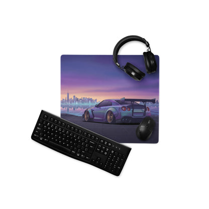 Nissan GT-R R35 Inspired Silver Purple Vaporwave Gaming Mouse Pad – Neon City Skyline Desk Mat with Widebody JDM Cyberpunk Automotive Artwork