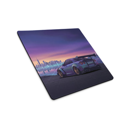Nissan GT-R R35 Inspired Silver Purple Vaporwave Gaming Mouse Pad – Neon City Skyline Desk Mat with Widebody JDM Cyberpunk Automotive Artwork