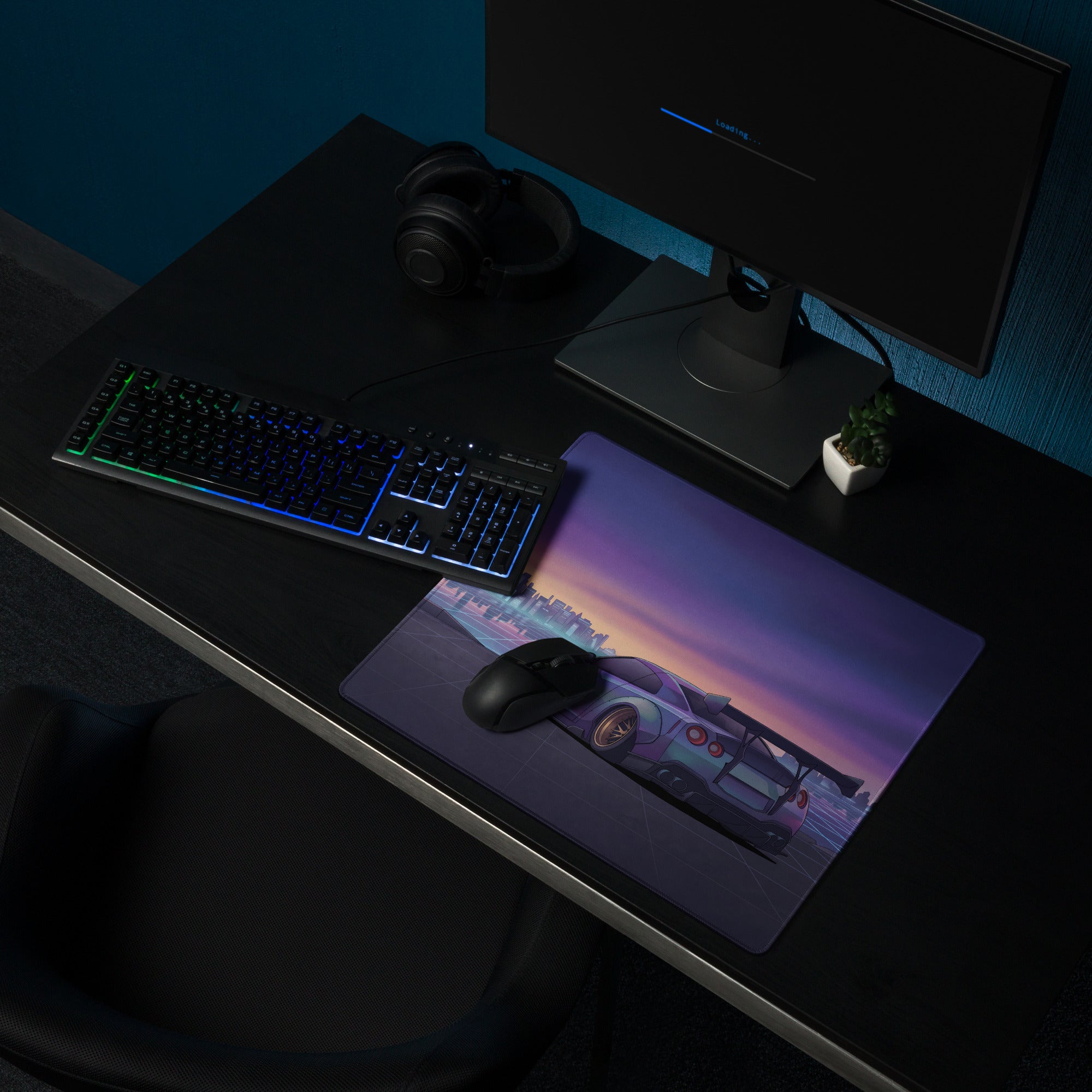 Nissan GT-R R35 Inspired Silver Purple Vaporwave Gaming Mouse Pad – Neon City Skyline Desk Mat with Widebody JDM Cyberpunk Automotive Artwork
