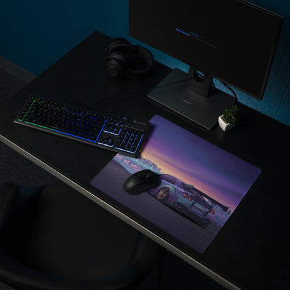 Nissan GT-R R35 Inspired Silver Purple Vaporwave Gaming Mouse Pad – Neon City Skyline Desk Mat with Widebody JDM Cyberpunk Automotive Artwork