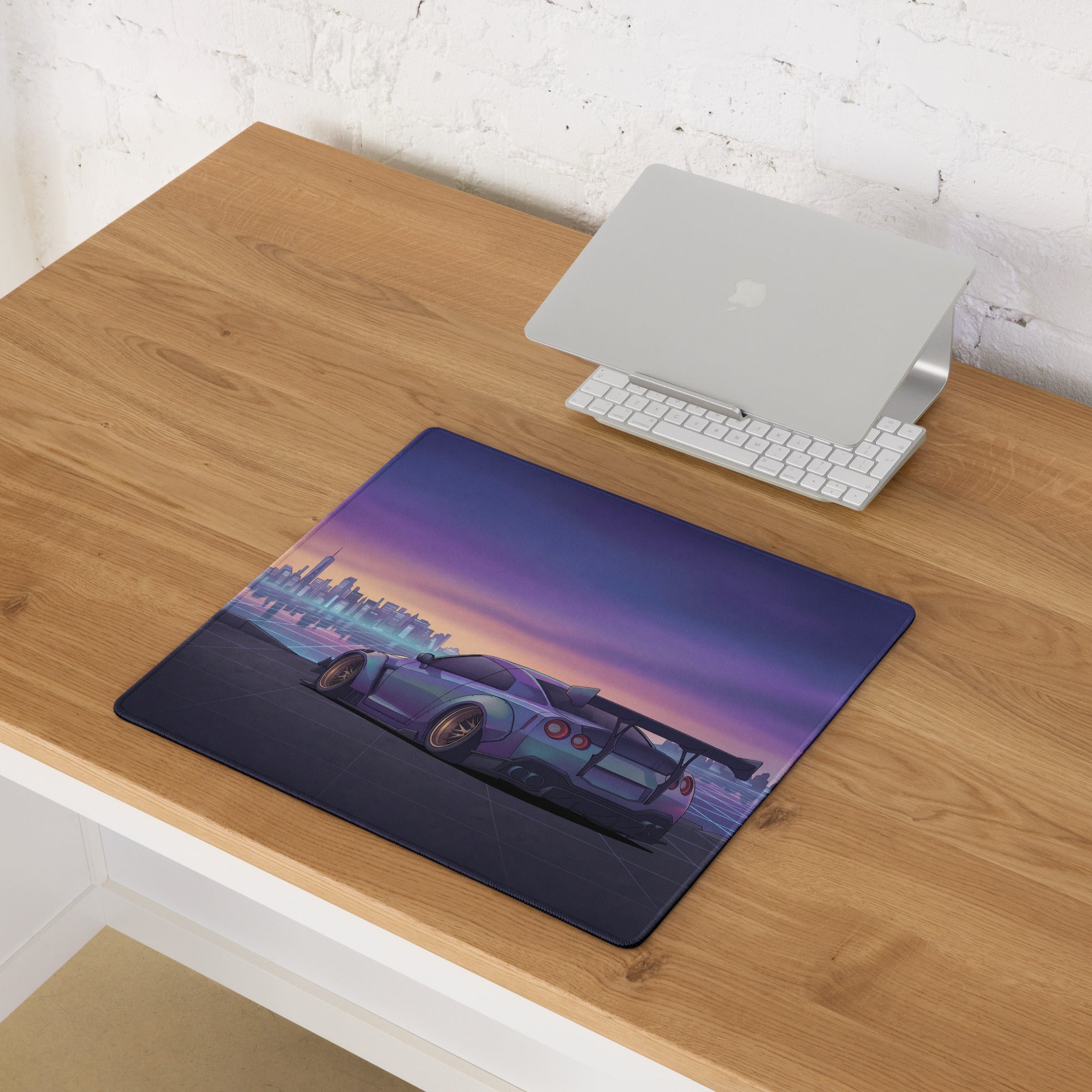 Nissan GT-R R35 Inspired Silver Purple Vaporwave Gaming Mouse Pad – Neon City Skyline Desk Mat with Widebody JDM Cyberpunk Automotive Artwork
