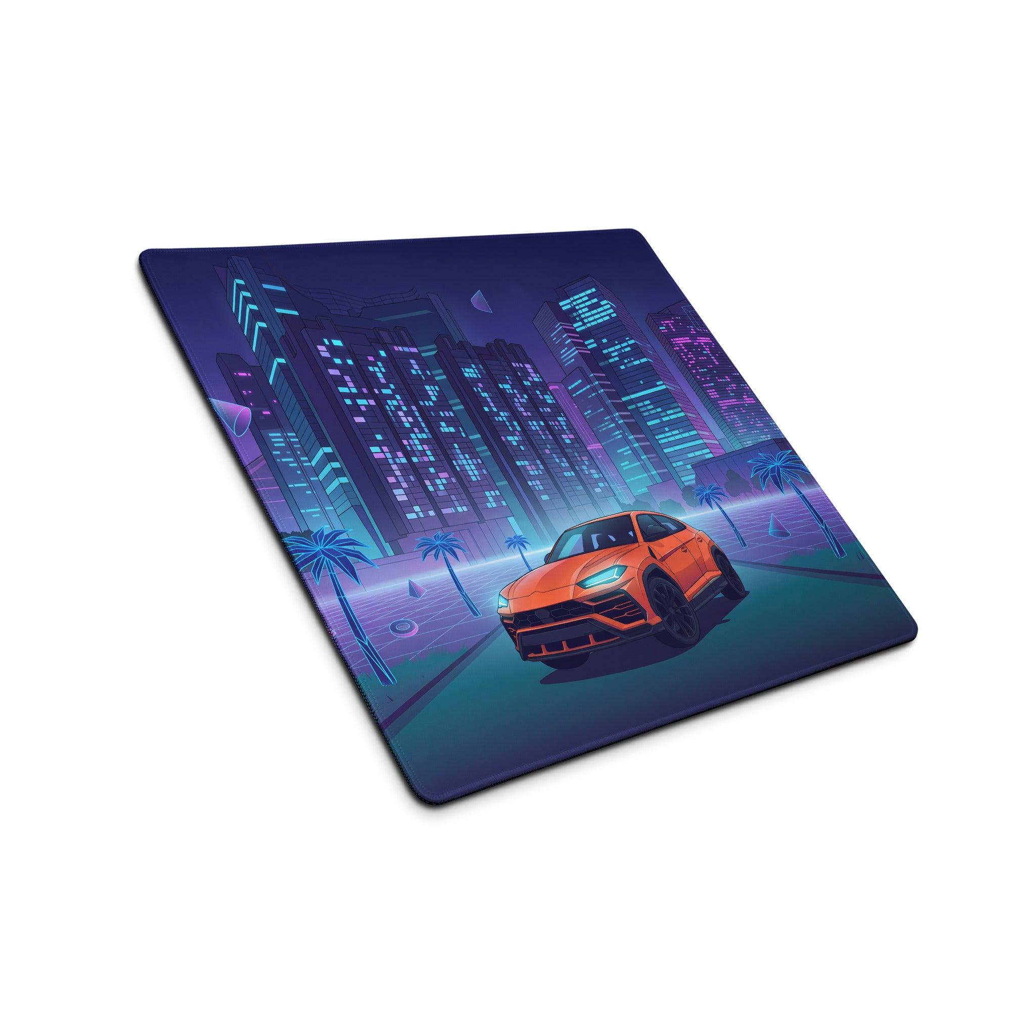 Lamborghini Urus Inspired Orange Blue Vaporwave Gaming Mouse Pad – Neon Cyberpunk City Desk Mat with Palm Trees and Retro Futuristic SUV Artwork