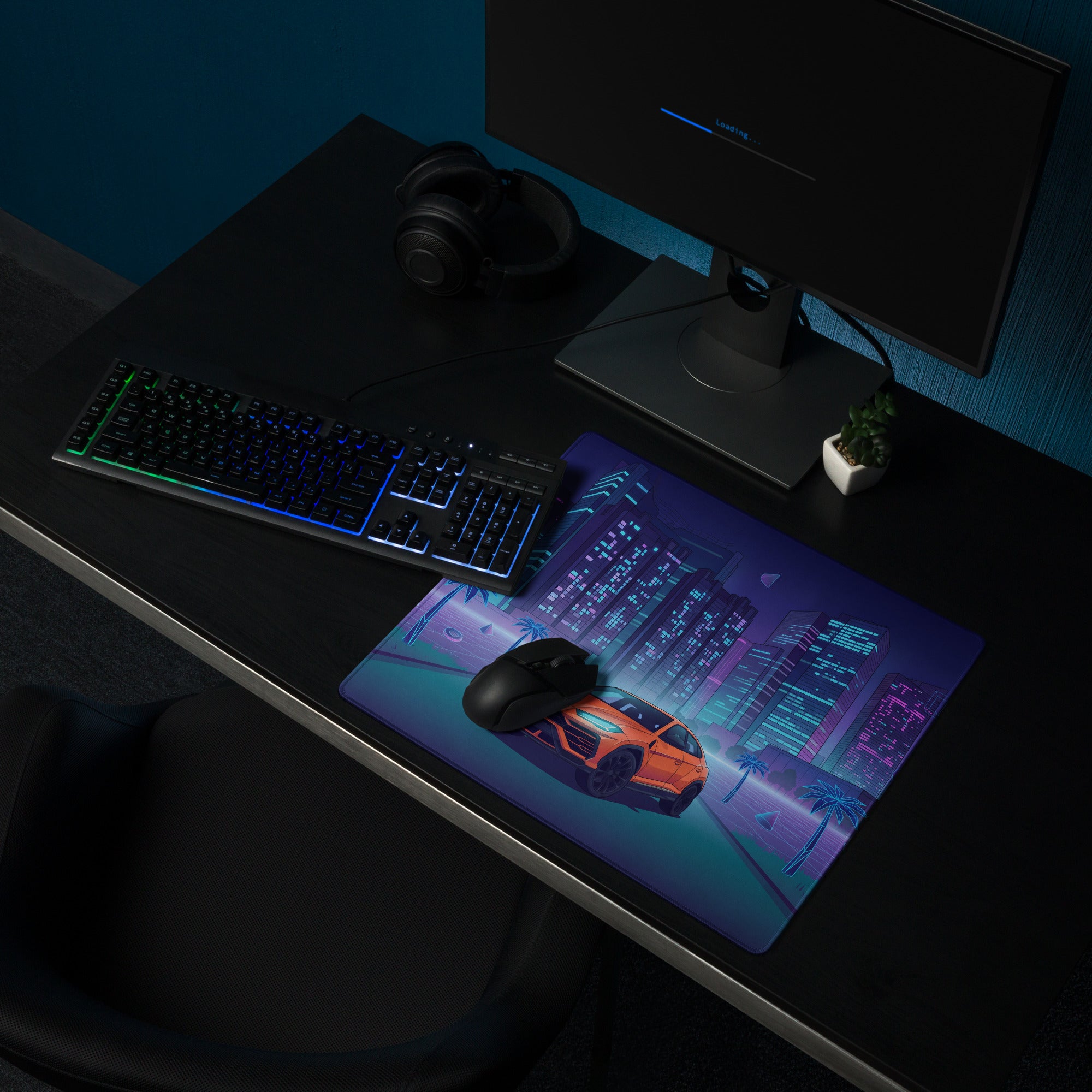 Lamborghini Urus Inspired Orange Blue Vaporwave Gaming Mouse Pad – Neon Cyberpunk City Desk Mat with Palm Trees and Retro Futuristic SUV Artwork