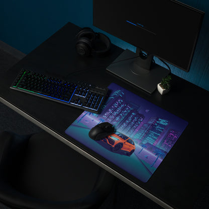 Lamborghini Urus Inspired Orange Blue Vaporwave Gaming Mouse Pad – Neon Cyberpunk City Desk Mat with Palm Trees and Retro Futuristic SUV Artwork
