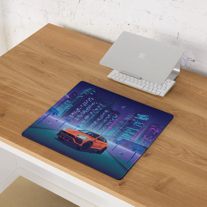 Lamborghini Urus Inspired Orange Blue Vaporwave Gaming Mouse Pad – Neon Cyberpunk City Desk Mat with Palm Trees and Retro Futuristic SUV Artwork