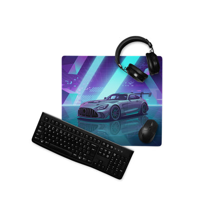 Mercedes-AMG GT Black Series Inspired Silver Cyan Vaporwave Gaming Mouse Pad – Neon Geometric Grid Desk Mat with Retro Futuristic Supercar Artwork