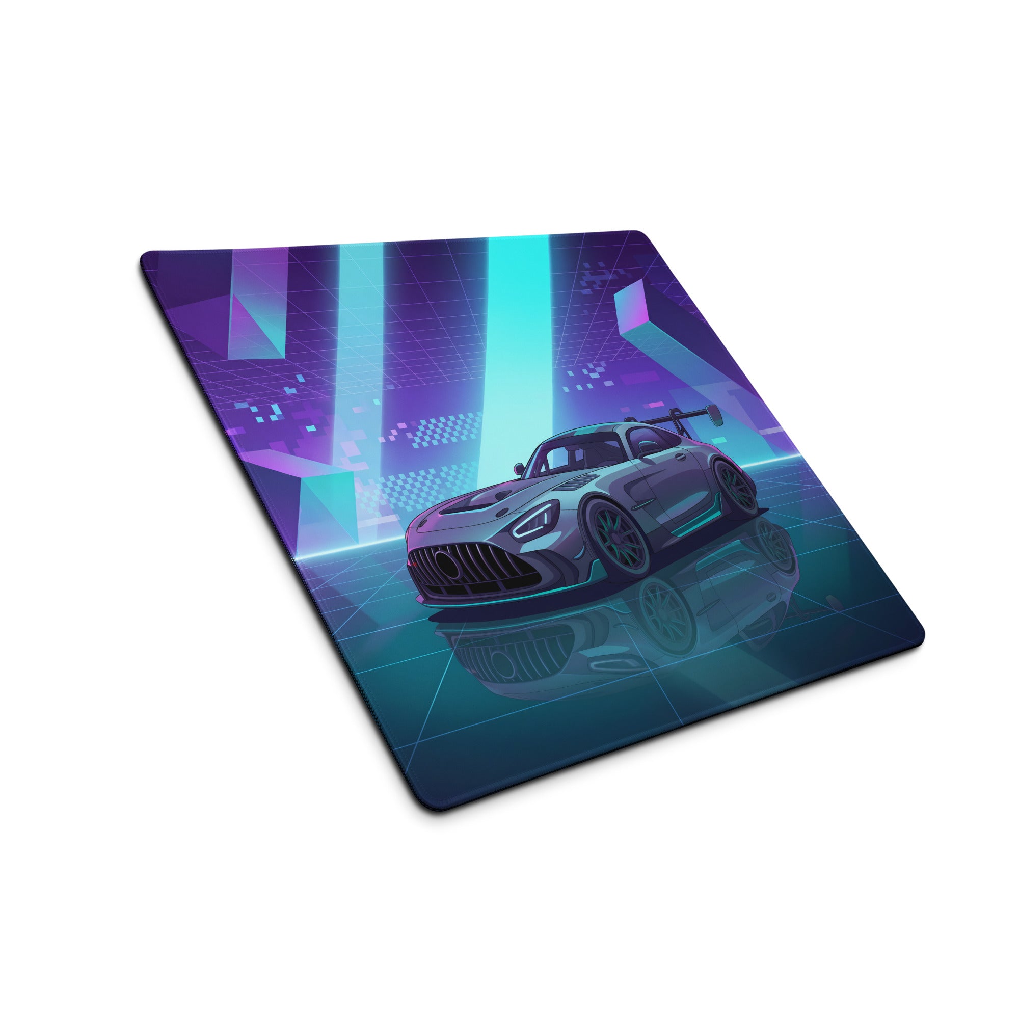 Mercedes-AMG GT Black Series Inspired Silver Cyan Vaporwave Gaming Mouse Pad – Neon Geometric Grid Desk Mat with Retro Futuristic Supercar Artwork