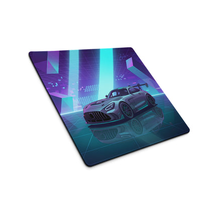 Mercedes-AMG GT Black Series Inspired Silver Cyan Vaporwave Gaming Mouse Pad – Neon Geometric Grid Desk Mat with Retro Futuristic Supercar Artwork