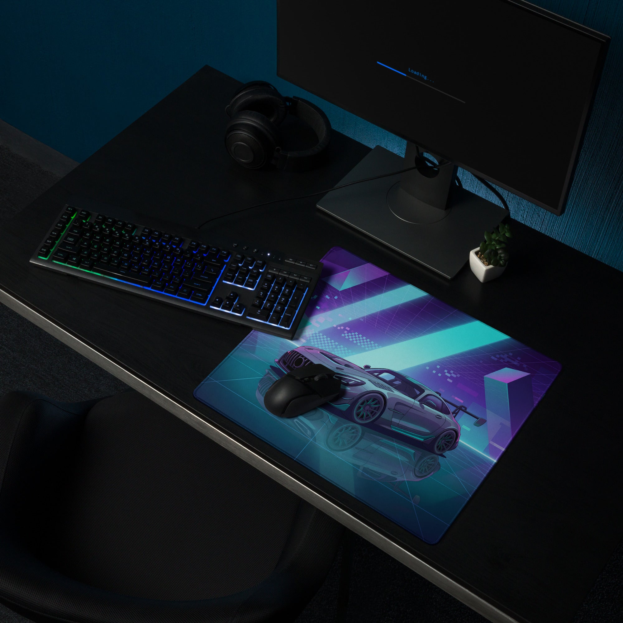 Mercedes-AMG GT Black Series Inspired Silver Cyan Vaporwave Gaming Mouse Pad – Neon Geometric Grid Desk Mat with Retro Futuristic Supercar Artwork