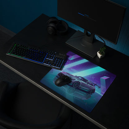 Mercedes-AMG GT Black Series Inspired Silver Cyan Vaporwave Gaming Mouse Pad – Neon Geometric Grid Desk Mat with Retro Futuristic Supercar Artwork