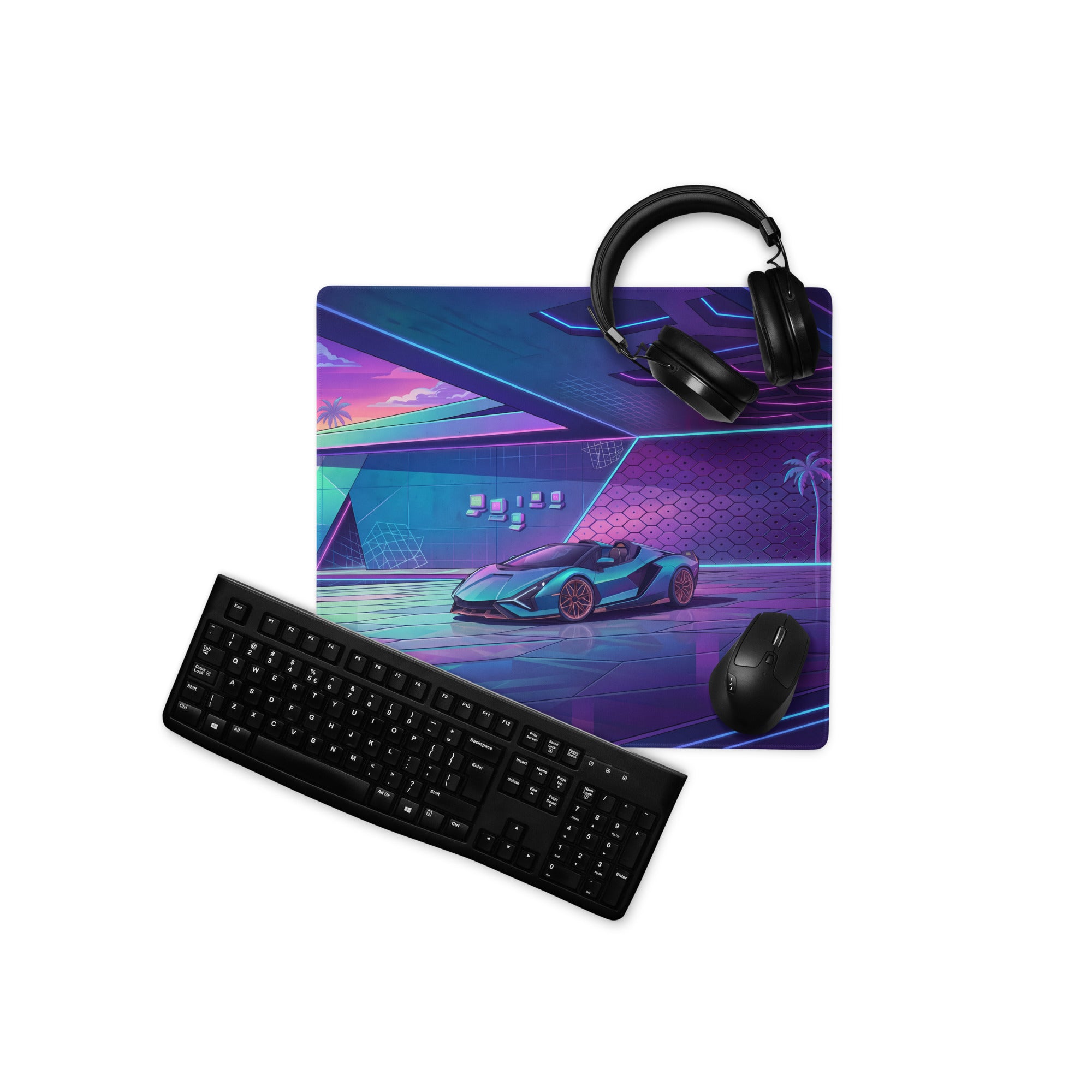 Lamborghini Sián Roadster Inspired Teal Purple Vaporwave Gaming Mouse Pad – Neon Luxury Garage Desk Mat with Retro Futuristic Supercar Artwork