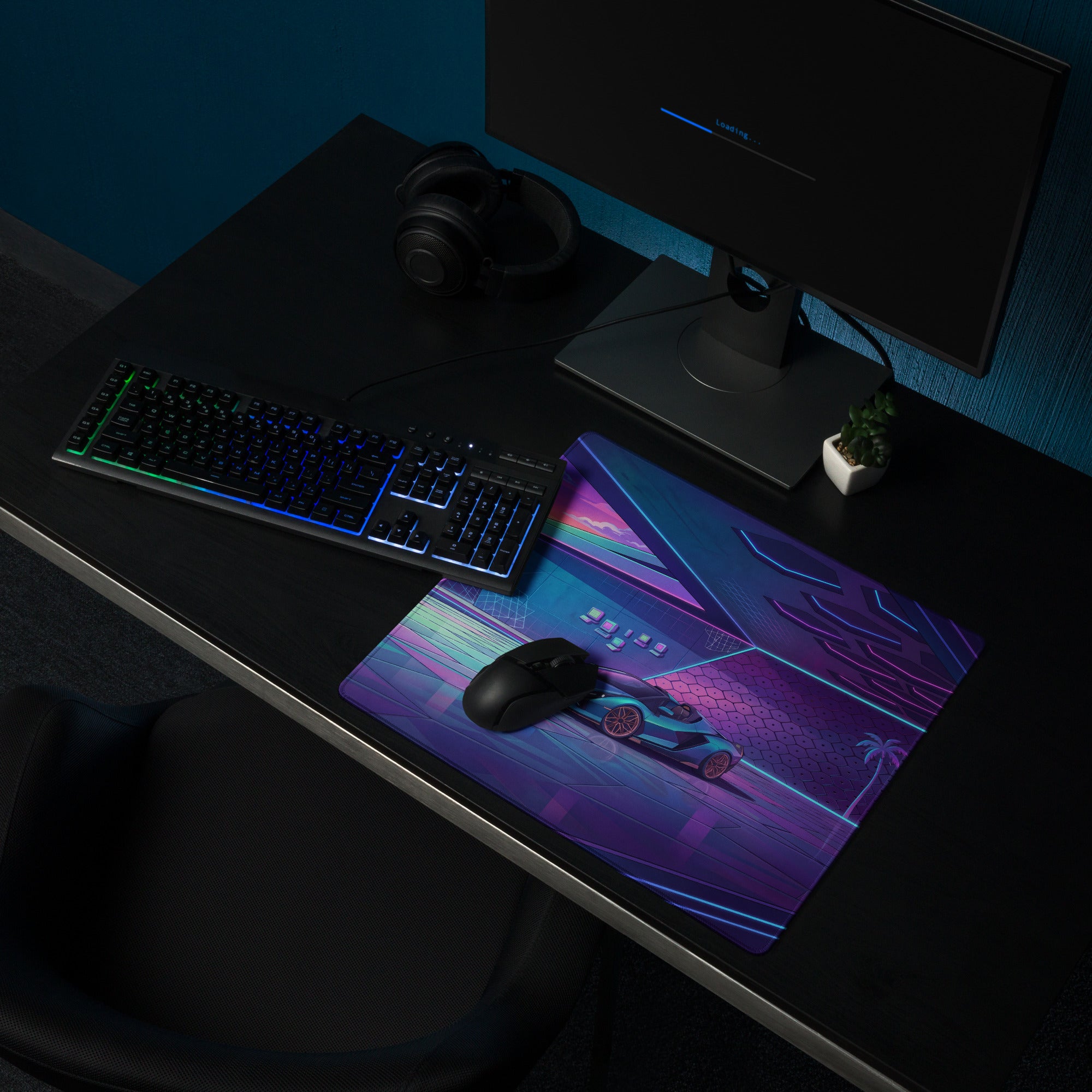 Lamborghini Sián Roadster Inspired Teal Purple Vaporwave Gaming Mouse Pad – Neon Luxury Garage Desk Mat with Retro Futuristic Supercar Artwork