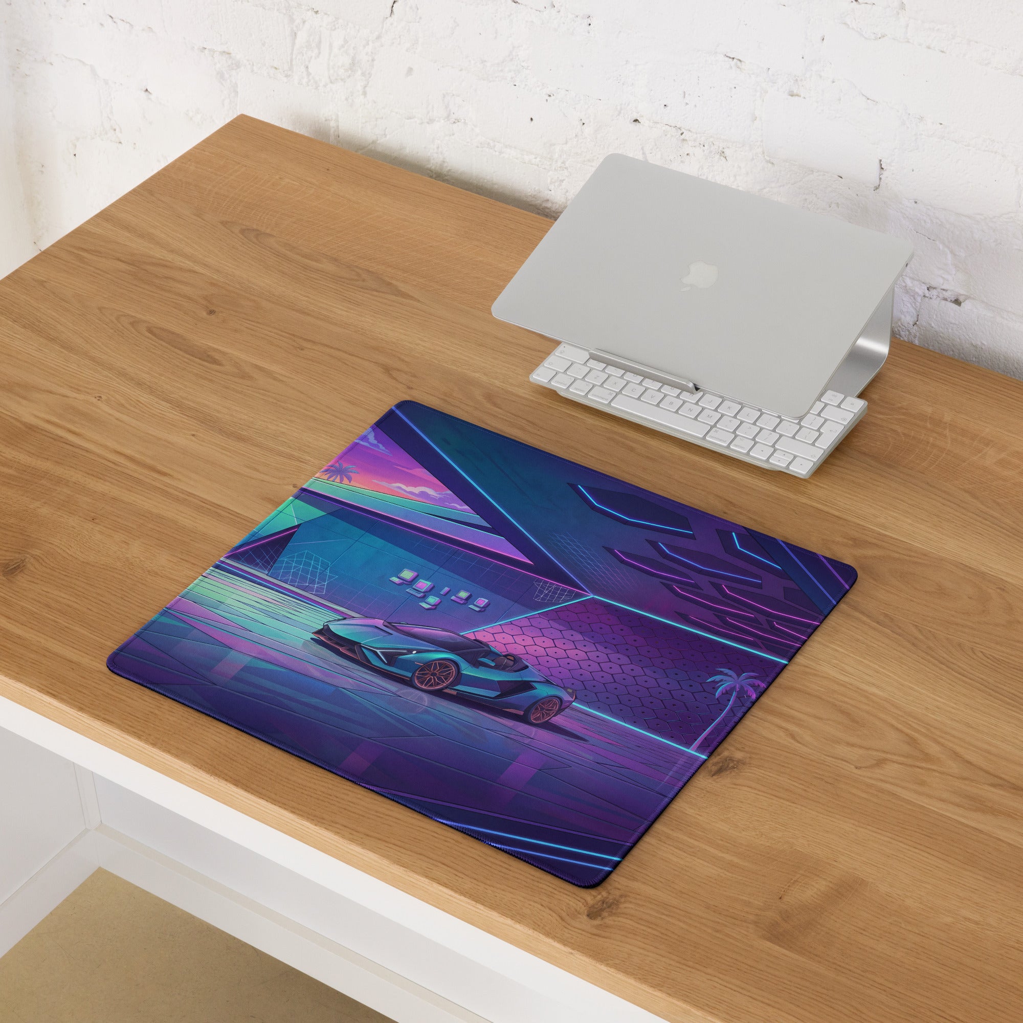 Lamborghini Sián Roadster Inspired Teal Purple Vaporwave Gaming Mouse Pad – Neon Luxury Garage Desk Mat with Retro Futuristic Supercar Artwork