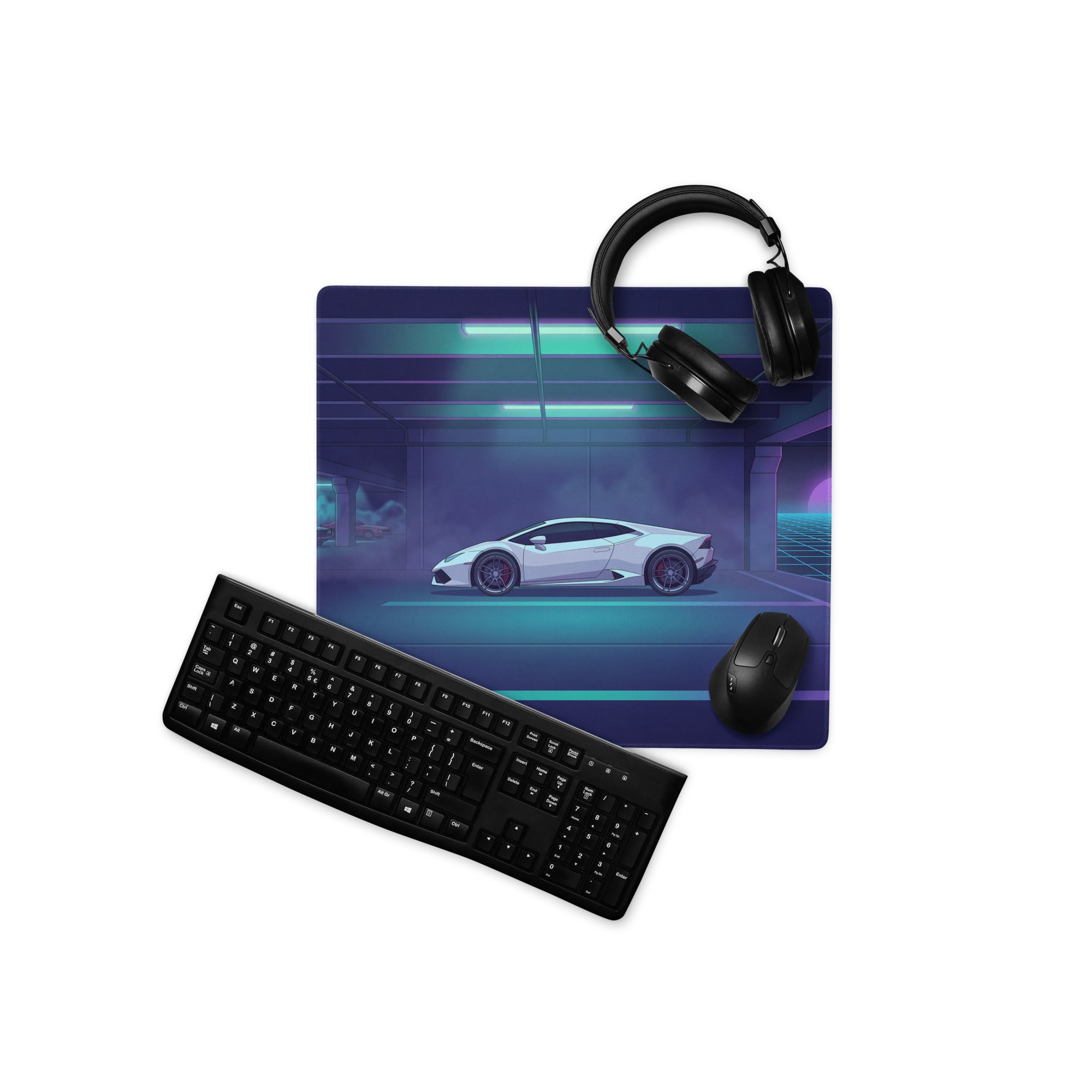 Lamborghini Huracán EVO Inspired White Cyan Vaporwave Gaming Mouse Pad – Neon Retro Garage Desk Mat with Purple Sunset and Futuristic Supercar Artwork