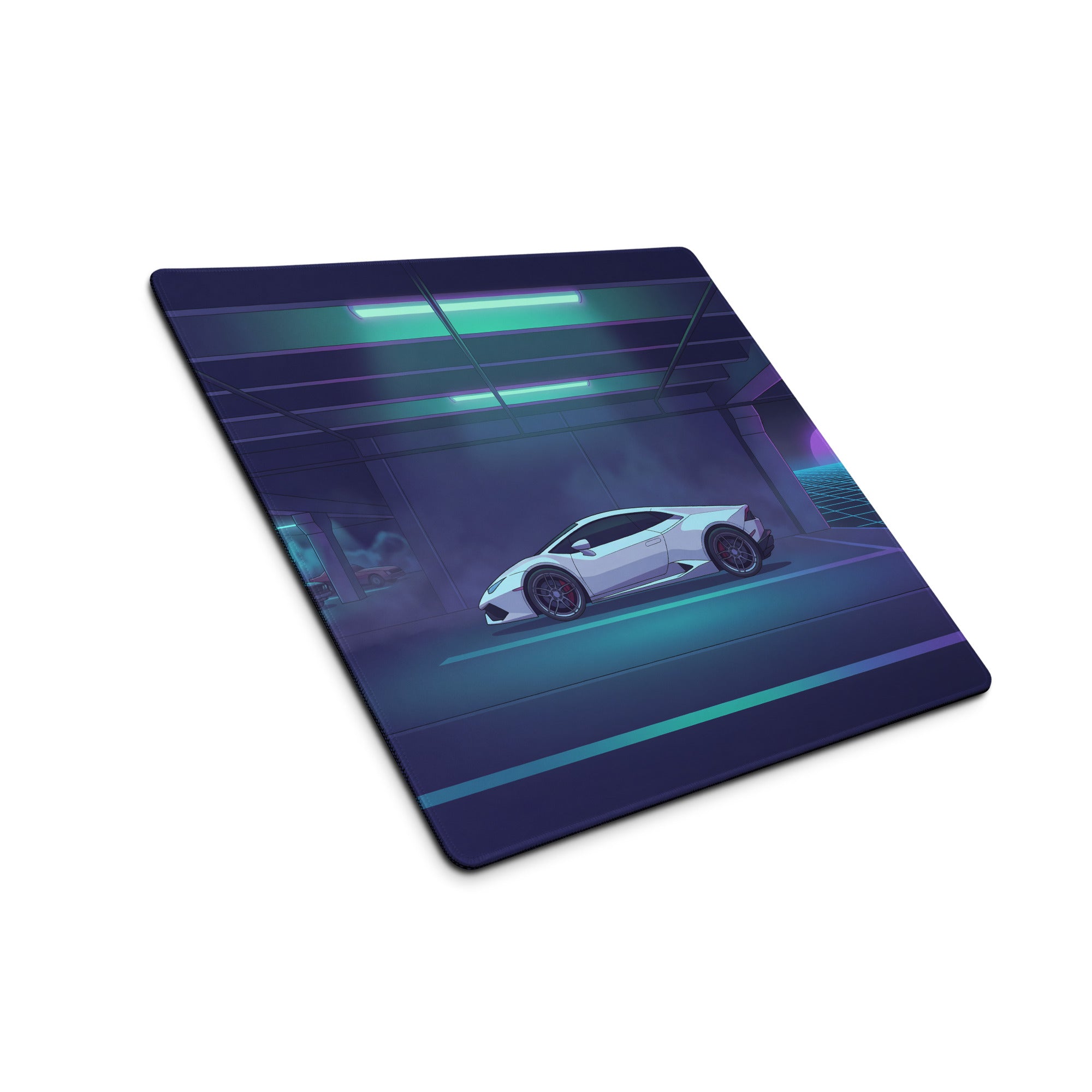 Lamborghini Huracán EVO Inspired White Cyan Vaporwave Gaming Mouse Pad – Neon Retro Garage Desk Mat with Purple Sunset and Futuristic Supercar Artwork