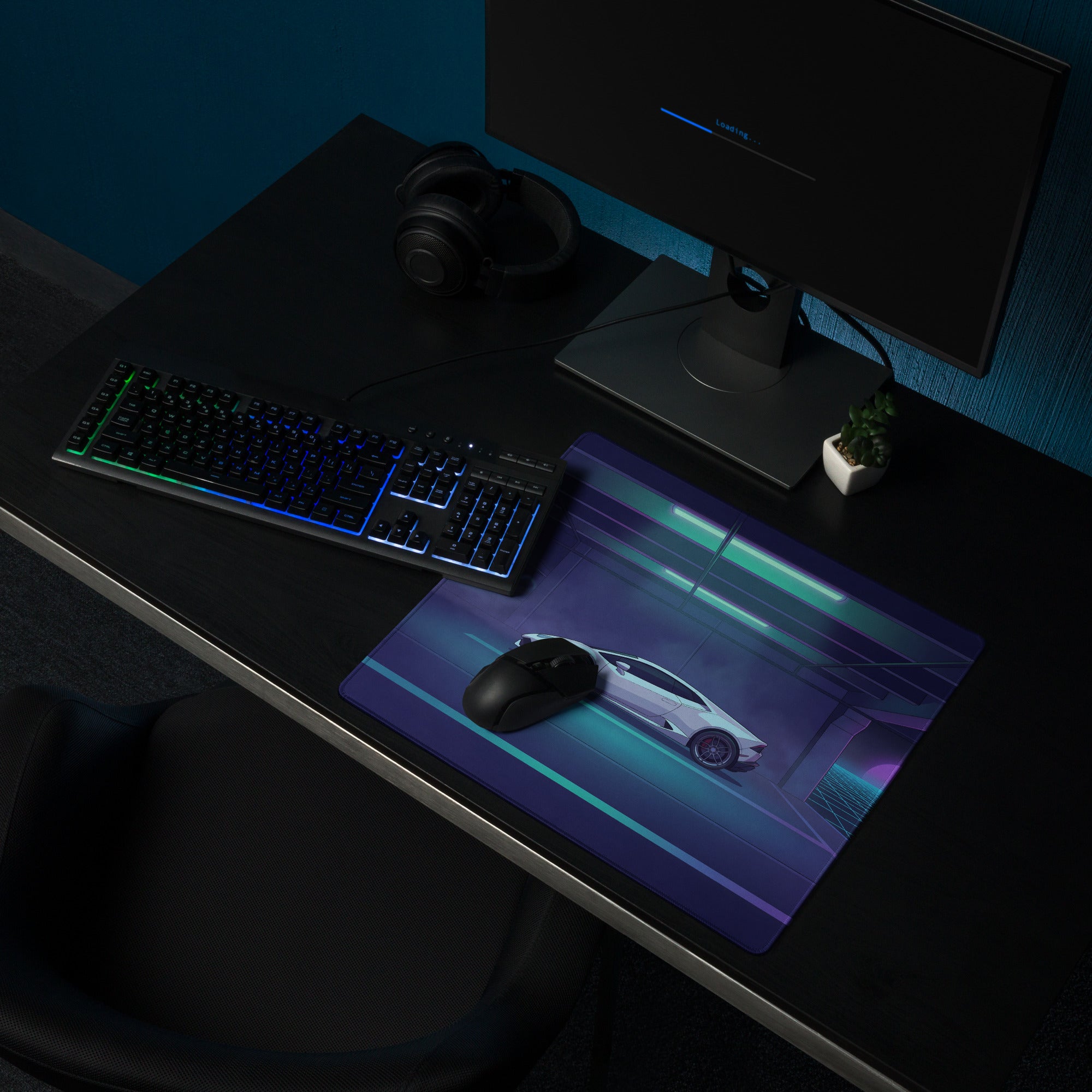 Lamborghini Huracán EVO Inspired White Cyan Vaporwave Gaming Mouse Pad – Neon Retro Garage Desk Mat with Purple Sunset and Futuristic Supercar Artwork