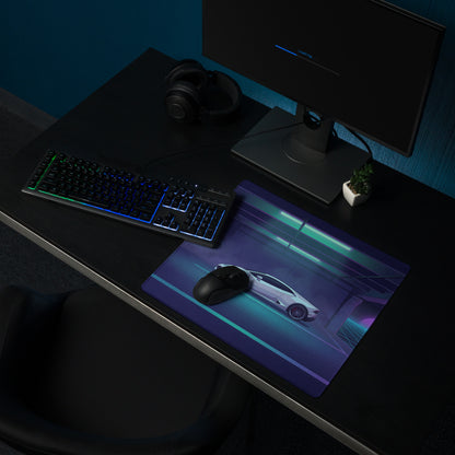Lamborghini Huracán EVO Inspired White Cyan Vaporwave Gaming Mouse Pad – Neon Retro Garage Desk Mat with Purple Sunset and Futuristic Supercar Artwork