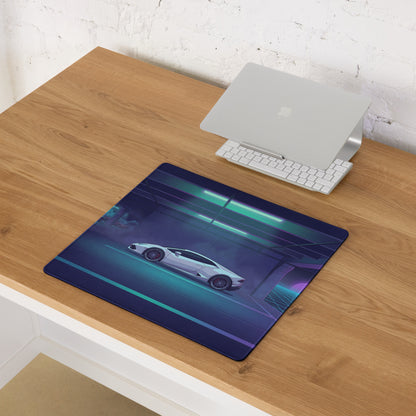 Lamborghini Huracán EVO Inspired White Cyan Vaporwave Gaming Mouse Pad – Neon Retro Garage Desk Mat with Purple Sunset and Futuristic Supercar Artwork