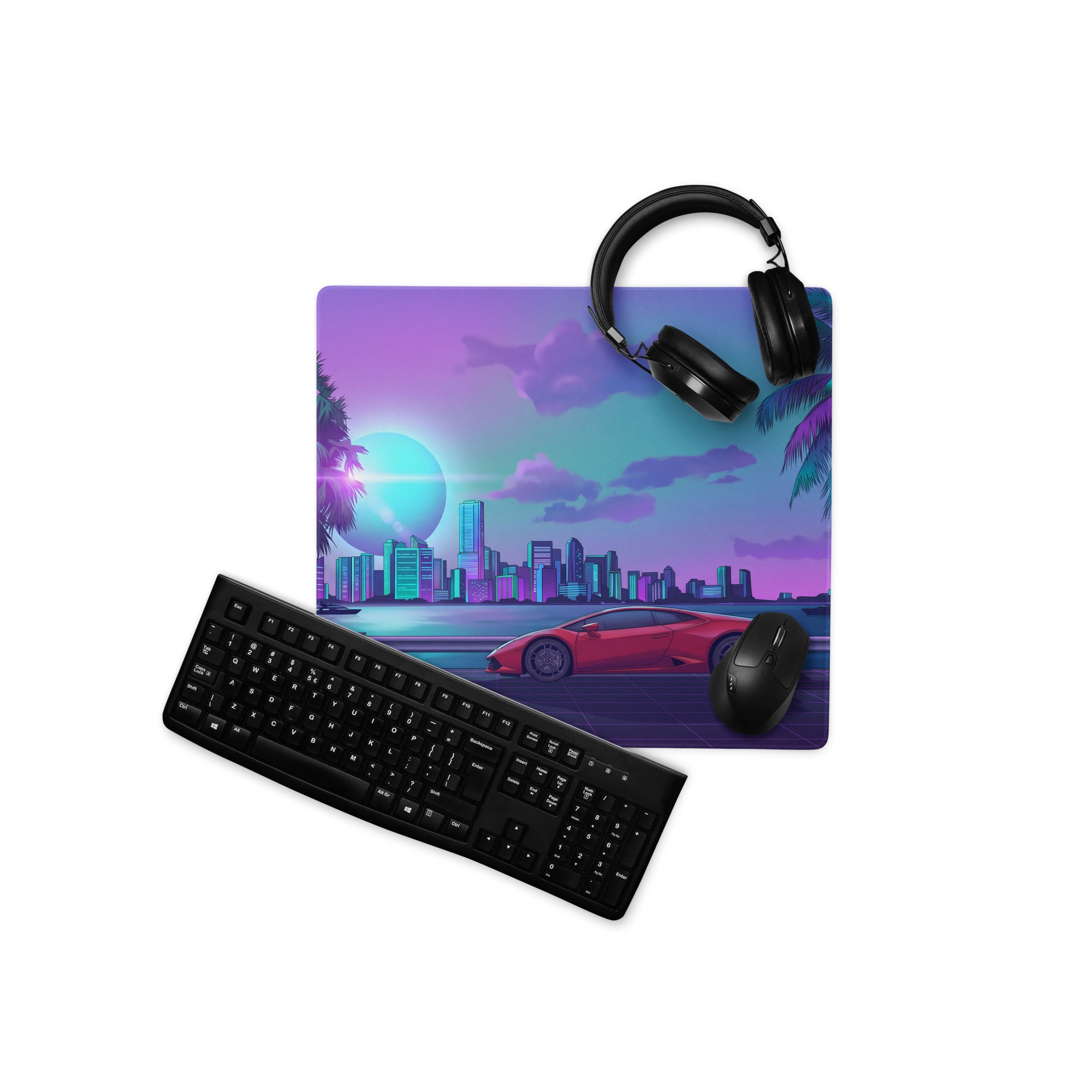 Lamborghini Huracán EVO Inspired Red Purple Vaporwave Gaming Mouse Pad – Neon Miami Skyline Desk Mat with Palm Trees and Retro Futuristic Artwork