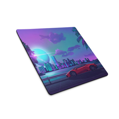 Lamborghini Huracán EVO Inspired Red Purple Vaporwave Gaming Mouse Pad – Neon Miami Skyline Desk Mat with Palm Trees and Retro Futuristic Artwork