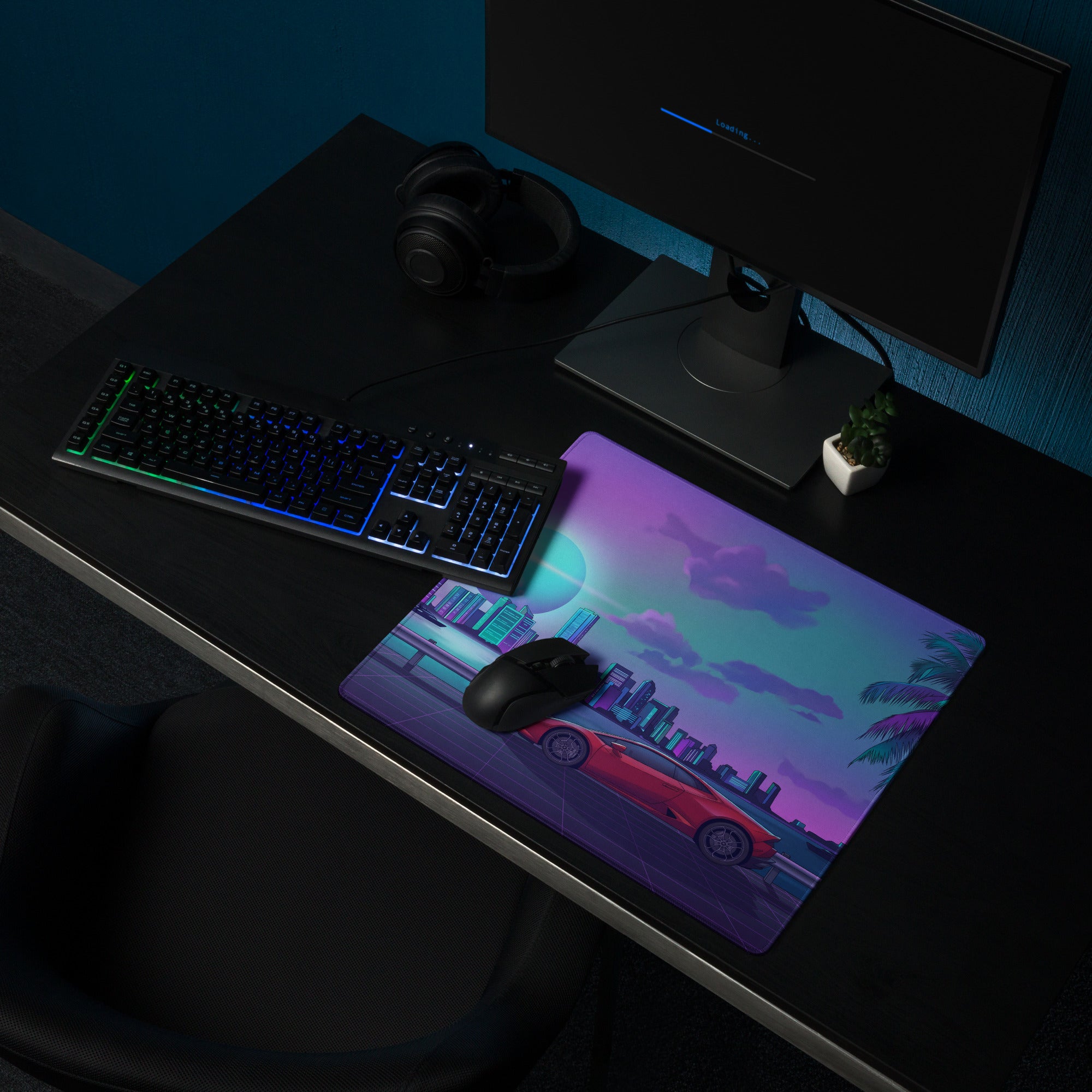 Lamborghini Huracán EVO Inspired Red Purple Vaporwave Gaming Mouse Pad – Neon Miami Skyline Desk Mat with Palm Trees and Retro Futuristic Artwork