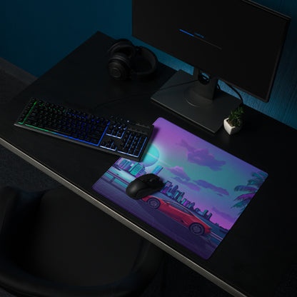 Lamborghini Huracán EVO Inspired Red Purple Vaporwave Gaming Mouse Pad – Neon Miami Skyline Desk Mat with Palm Trees and Retro Futuristic Artwork