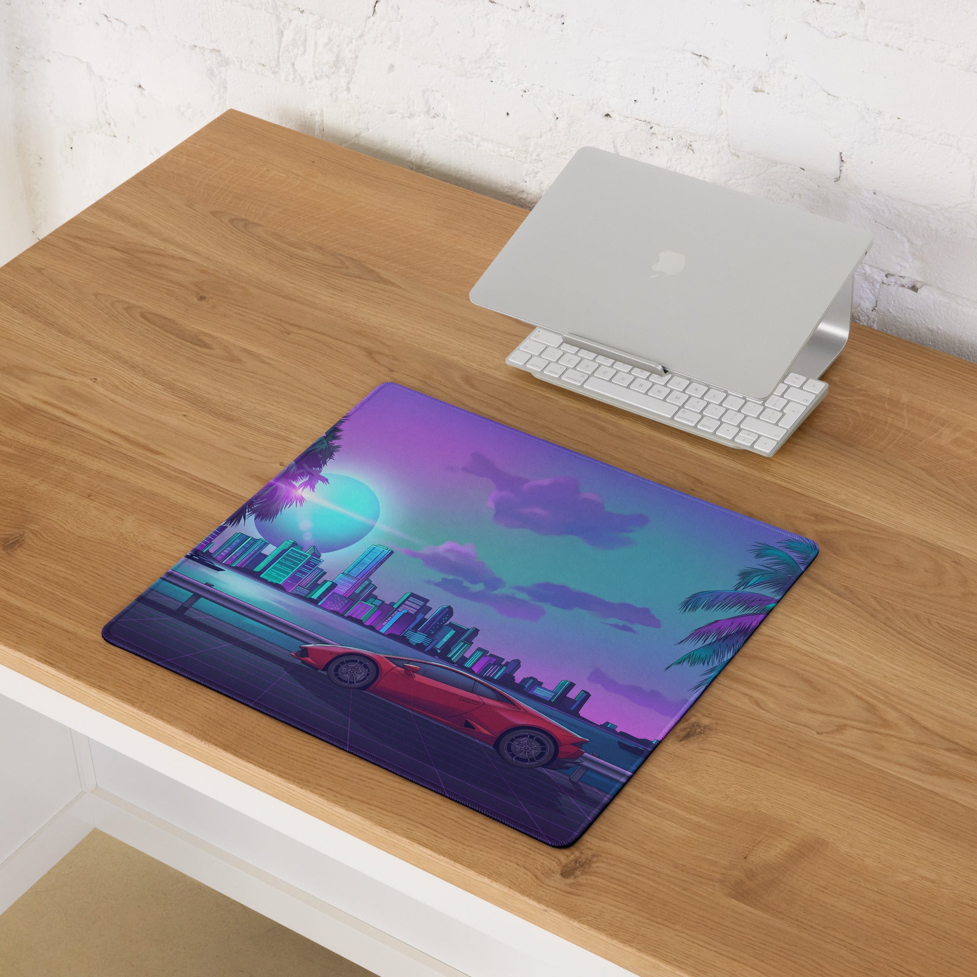 Lamborghini Huracán EVO Inspired Red Purple Vaporwave Gaming Mouse Pad – Neon Miami Skyline Desk Mat with Palm Trees and Retro Futuristic Artwork