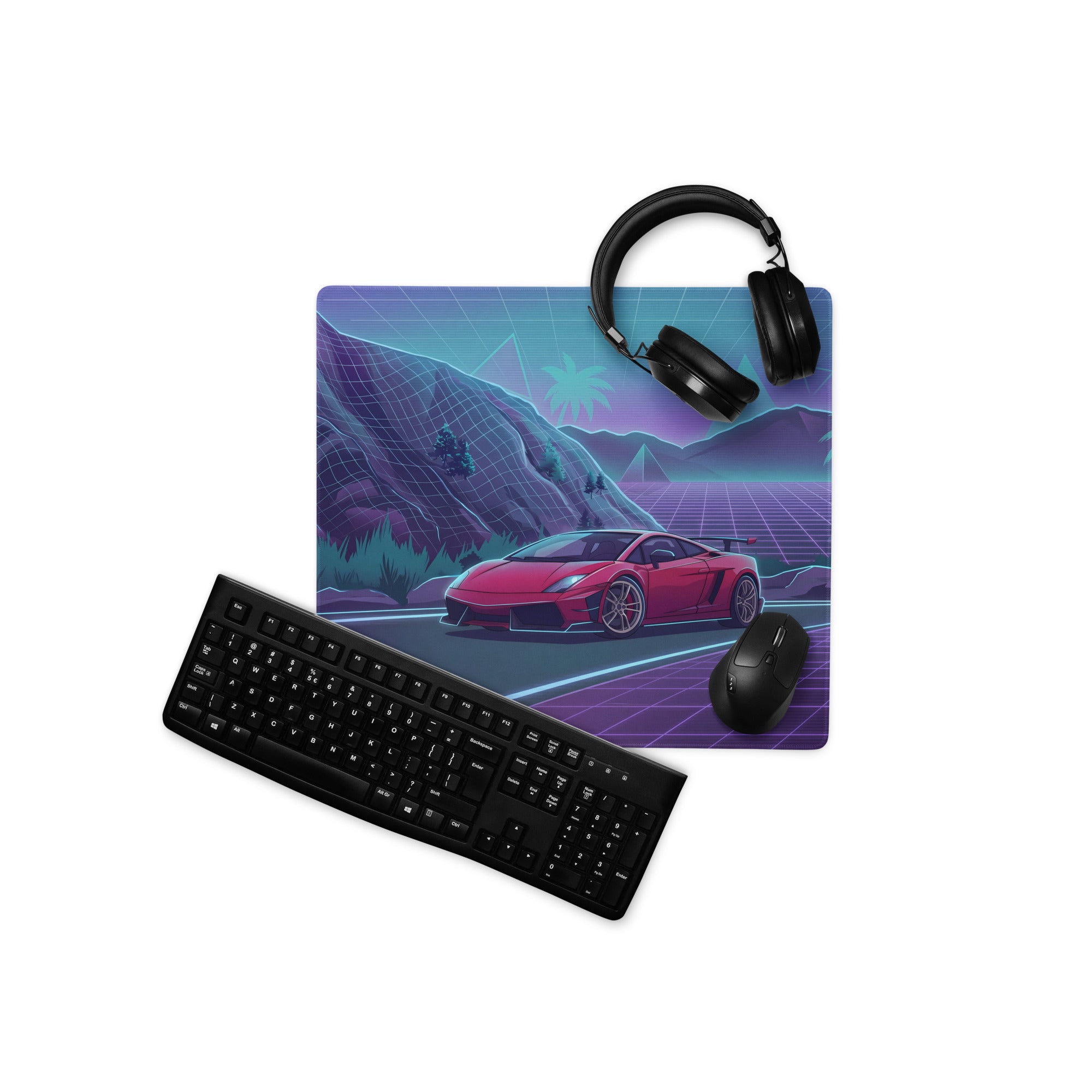 Lamborghini Gallardo Inspired Red Purple Vaporwave Gaming Mouse Pad – Neon Mountain Highway Desk Mat with Retro Futuristic Grid Landscape Artwork