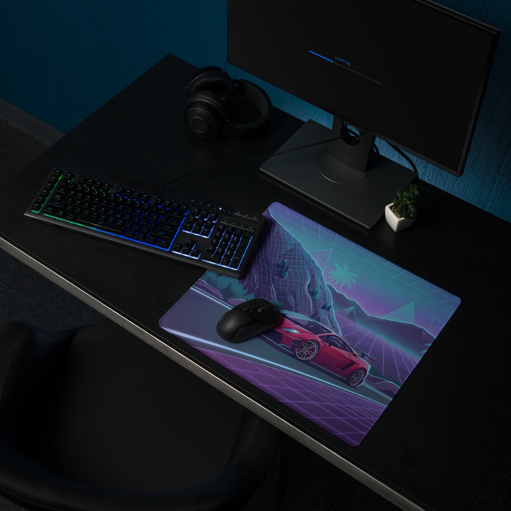Lamborghini Gallardo Inspired Red Purple Vaporwave Gaming Mouse Pad – Neon Mountain Highway Desk Mat with Retro Futuristic Grid Landscape Artwork