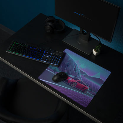 Lamborghini Gallardo Inspired Red Purple Vaporwave Gaming Mouse Pad – Neon Mountain Highway Desk Mat with Retro Futuristic Grid Landscape Artwork