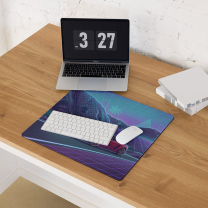 Lamborghini Gallardo Inspired Red Purple Vaporwave Gaming Mouse Pad – Neon Mountain Highway Desk Mat with Retro Futuristic Grid Landscape Artwork