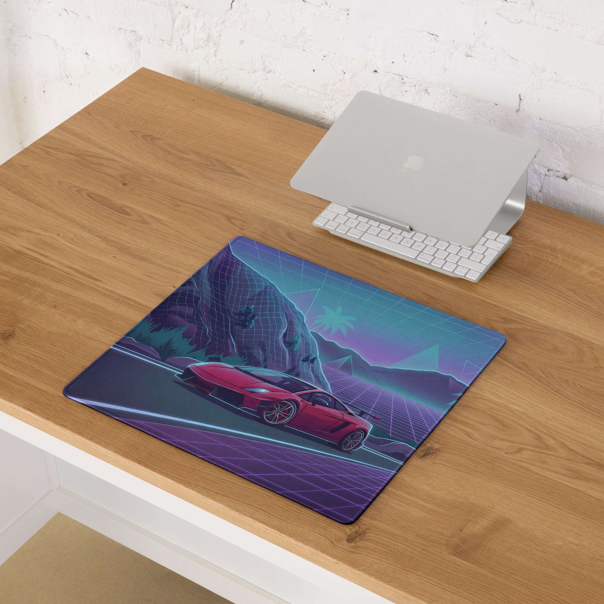 Lamborghini Gallardo Inspired Red Purple Vaporwave Gaming Mouse Pad – Neon Mountain Highway Desk Mat with Retro Futuristic Grid Landscape Artwork