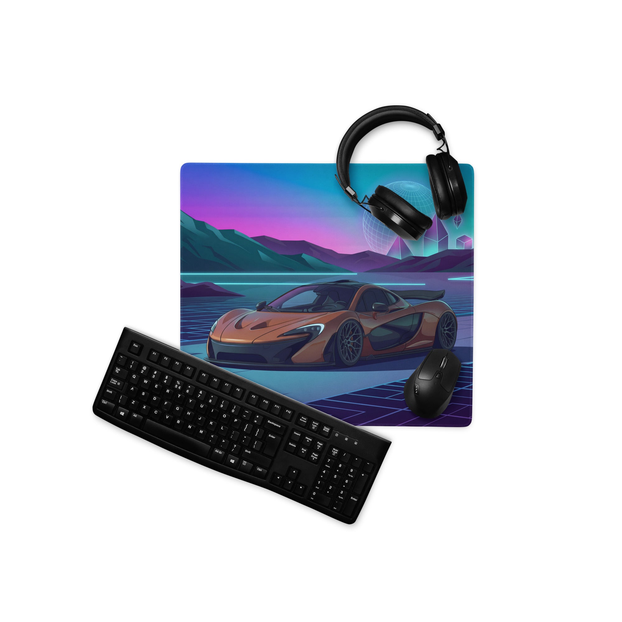 McLaren P1 Inspired Copper Blue Vaporwave Gaming Mouse Pad – Futuristic Neon Mountain Desk Mat, Retro Synthwave Supercar Digital Artwork