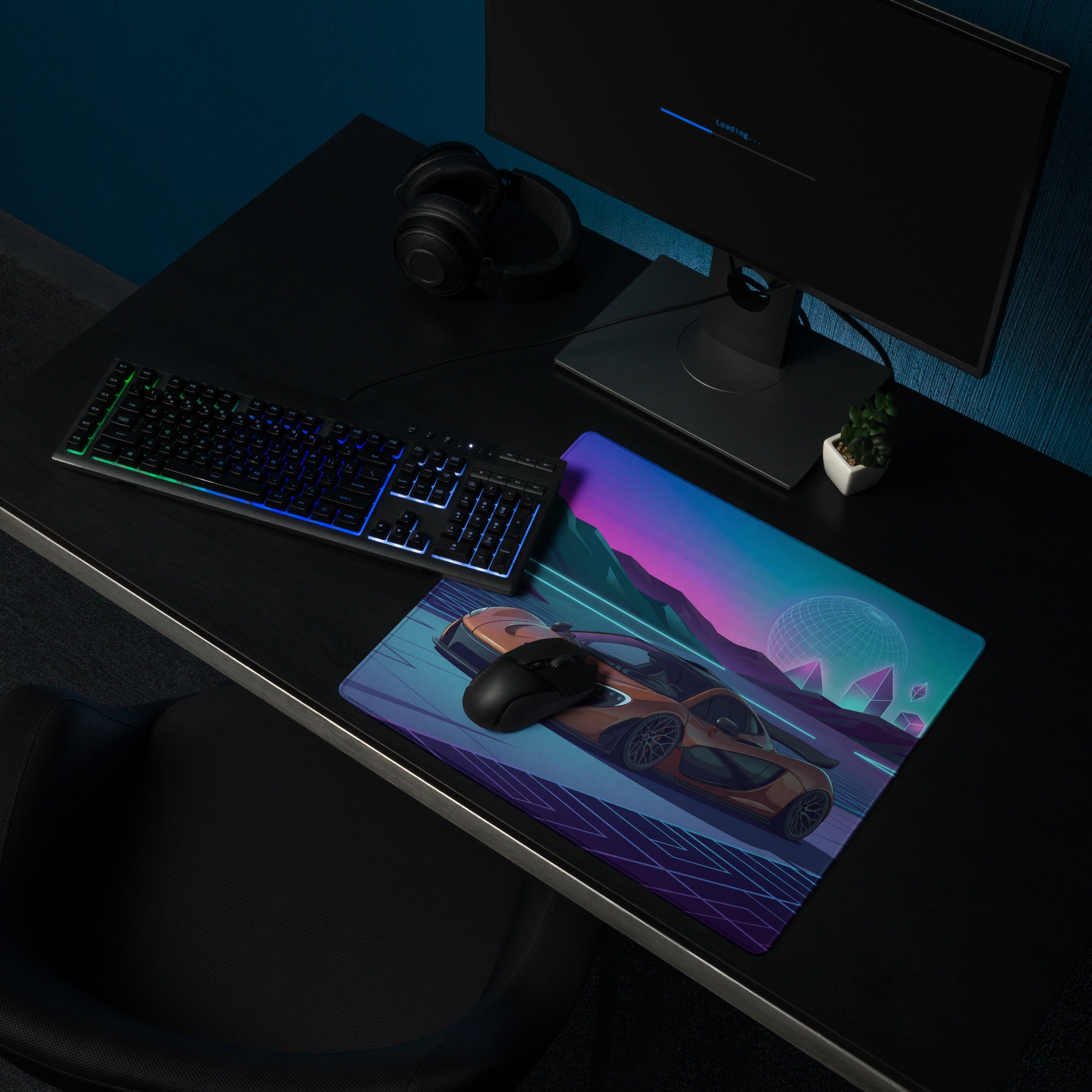 McLaren P1 Inspired Copper Blue Vaporwave Gaming Mouse Pad – Futuristic Neon Mountain Desk Mat, Retro Synthwave Supercar Digital Artwork