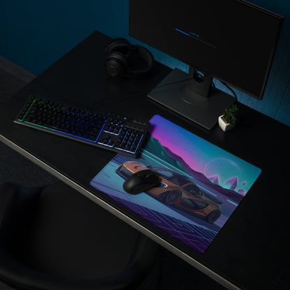 McLaren P1 Inspired Copper Blue Vaporwave Gaming Mouse Pad – Futuristic Neon Mountain Desk Mat, Retro Synthwave Supercar Digital Artwork