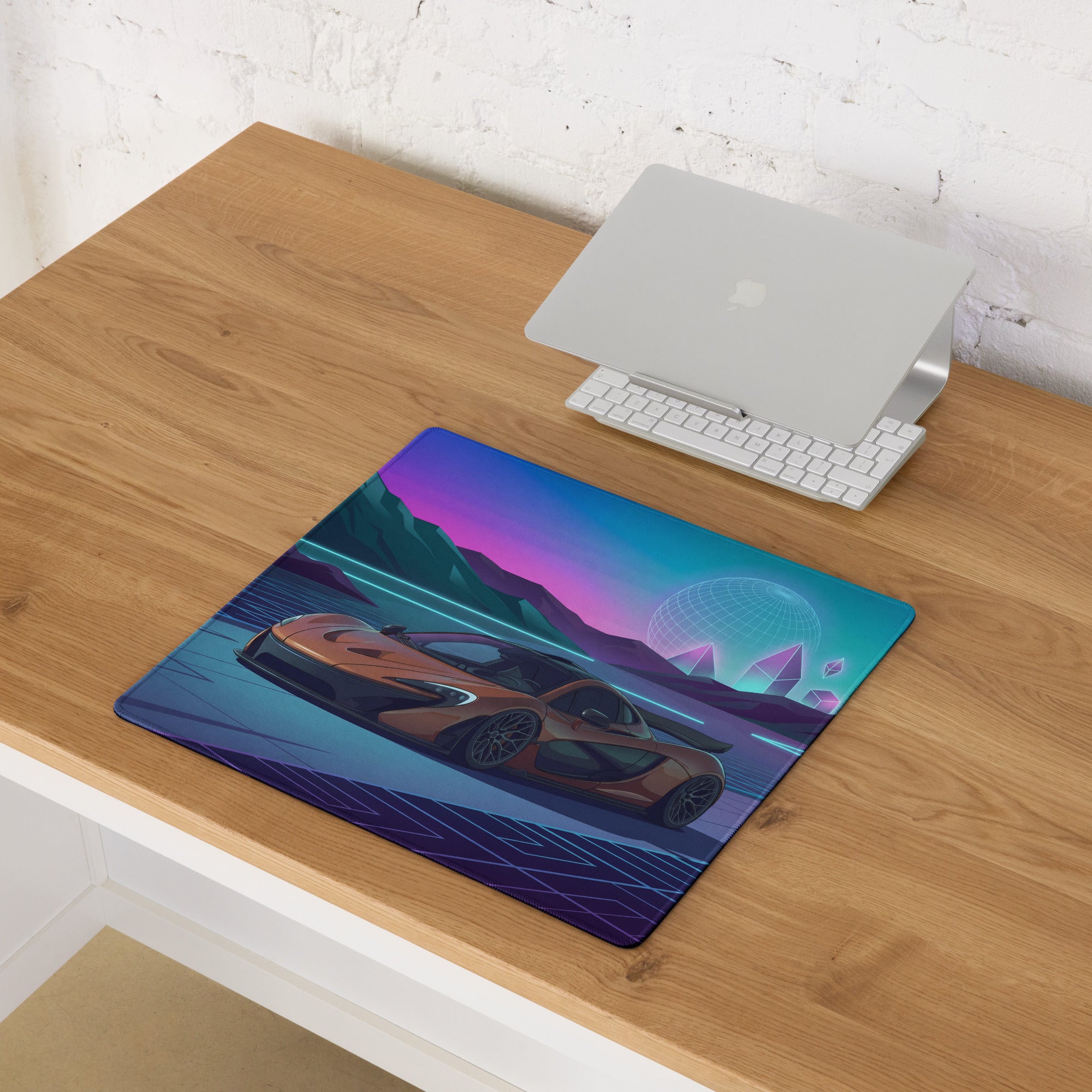 McLaren P1 Inspired Copper Blue Vaporwave Gaming Mouse Pad – Futuristic Neon Mountain Desk Mat, Retro Synthwave Supercar Digital Artwork