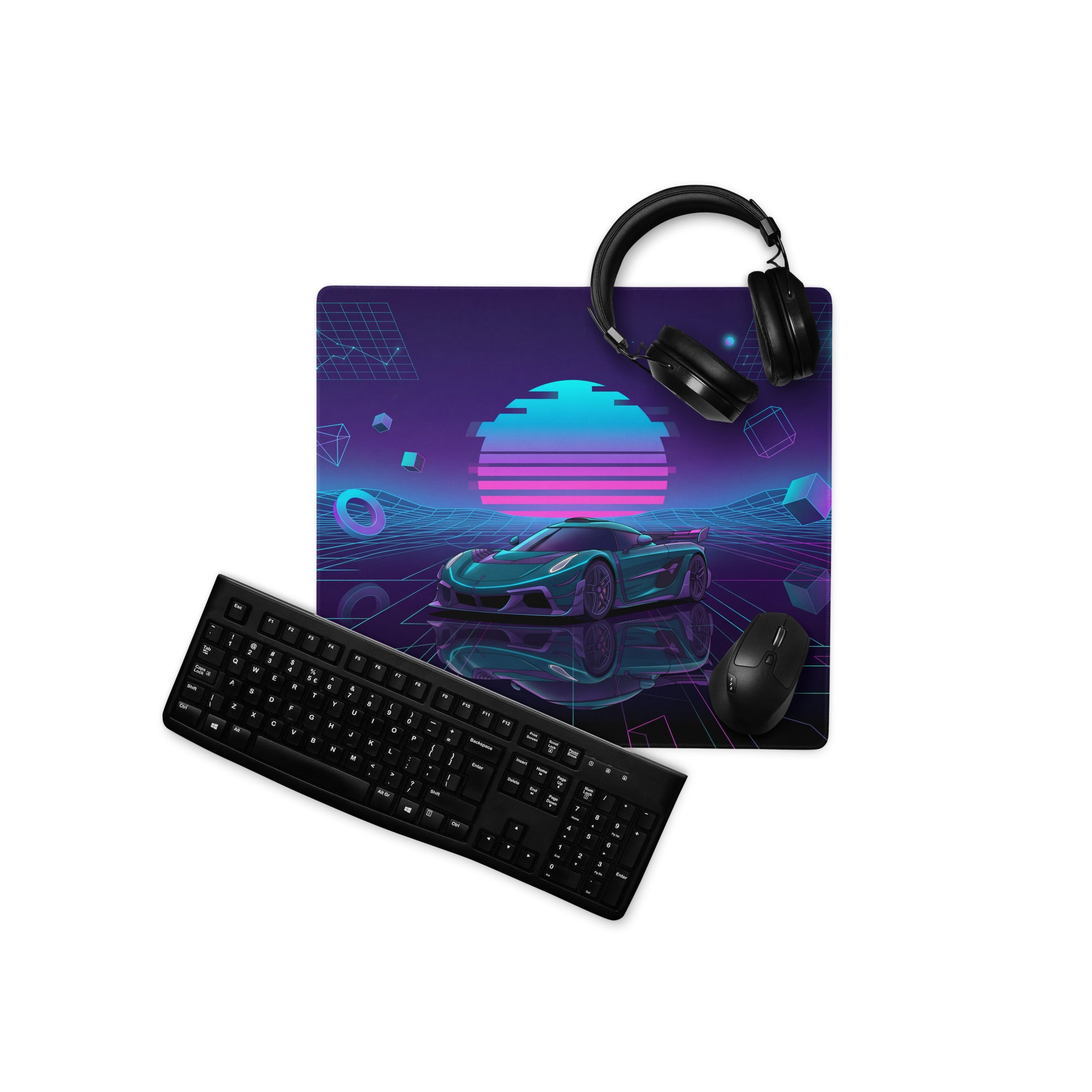 Koenigsegg Jesko Inspired Teal Purple Vaporwave Gaming Mouse Pad – Neon Grid Desk Mat, Retro Futuristic Supercar Digital Art, Cyberpunk Decor