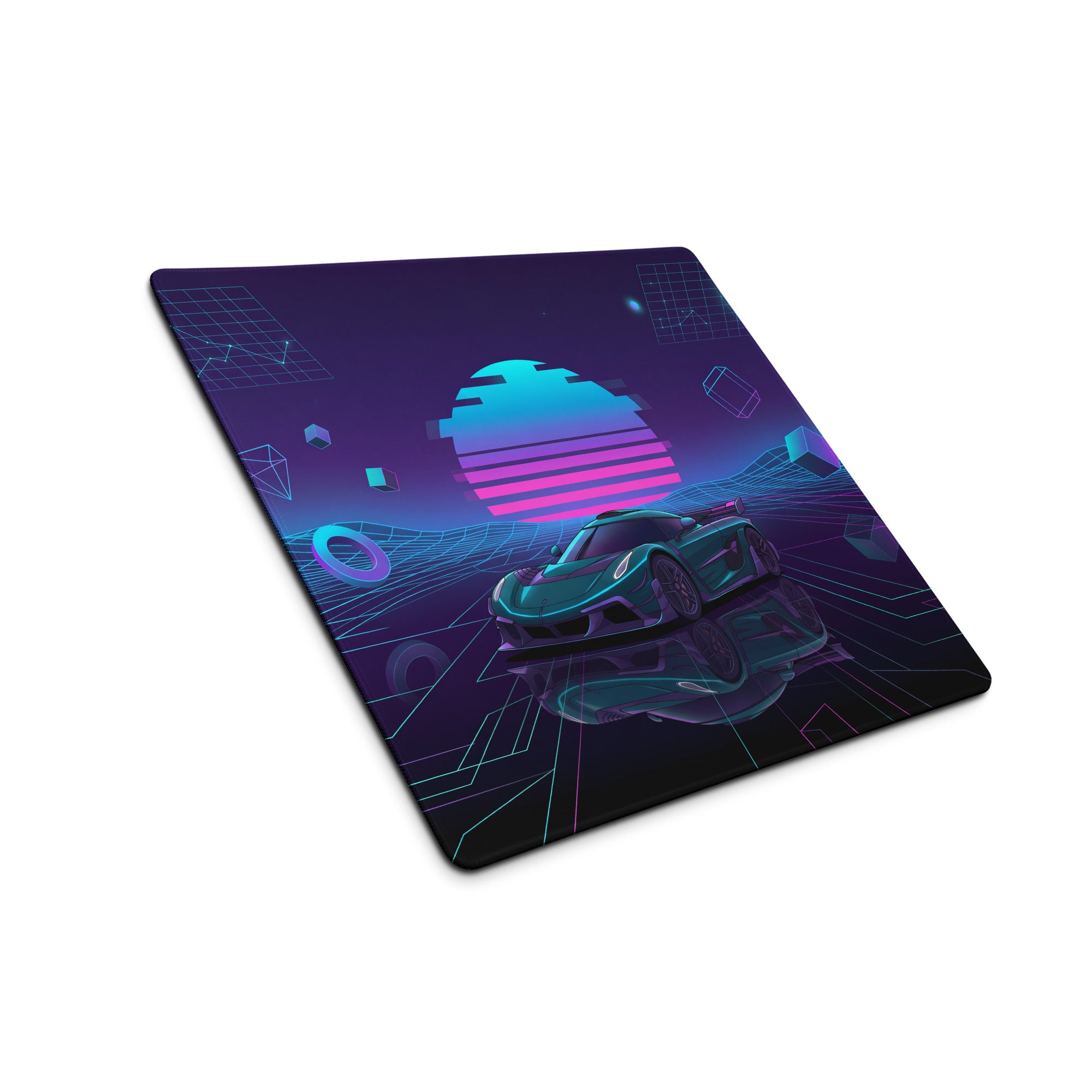 Koenigsegg Jesko Inspired Teal Purple Vaporwave Gaming Mouse Pad – Neon Grid Desk Mat, Retro Futuristic Supercar Digital Art, Cyberpunk Decor