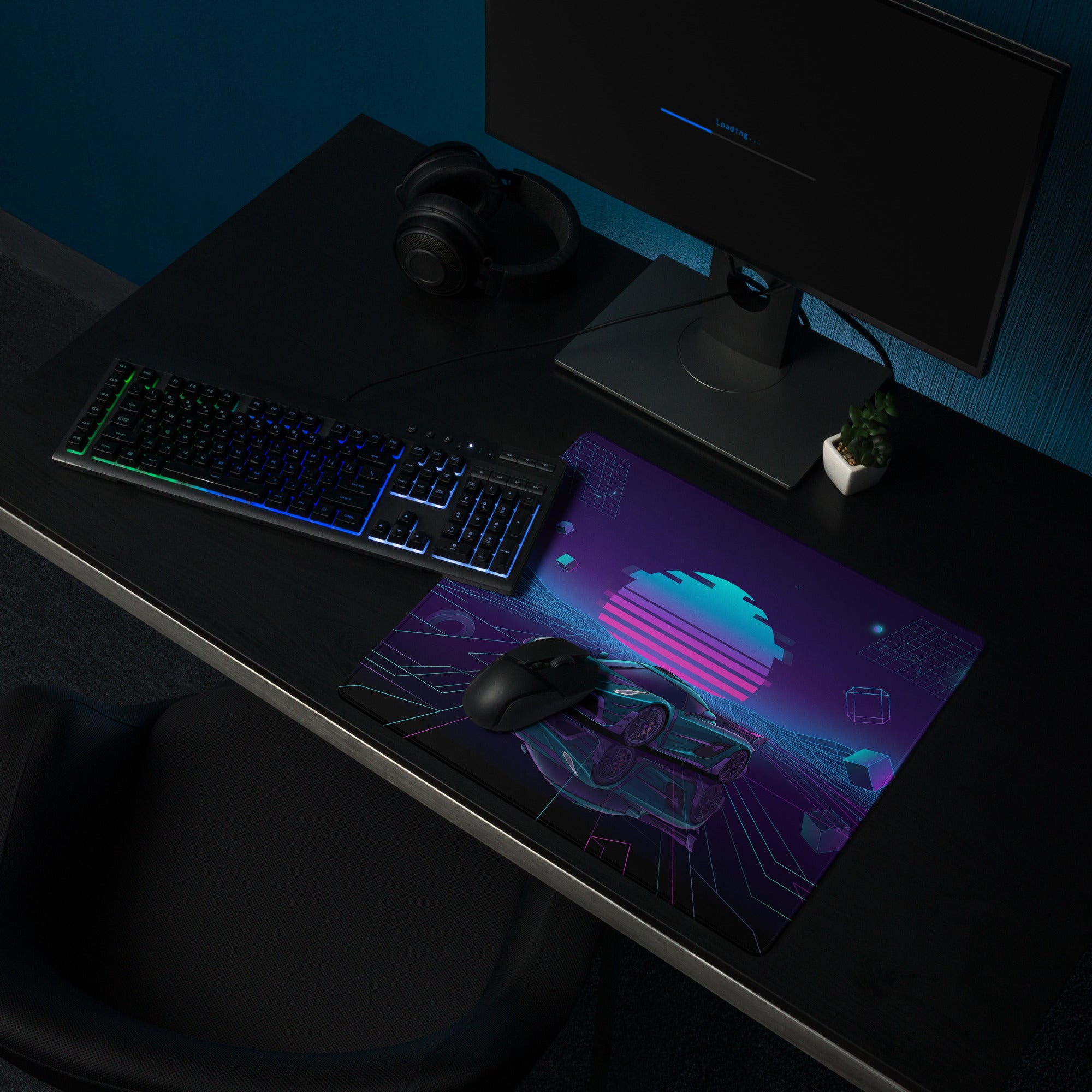 Koenigsegg Jesko Inspired Teal Purple Vaporwave Gaming Mouse Pad – Neon Grid Desk Mat, Retro Futuristic Supercar Digital Art, Cyberpunk Decor
