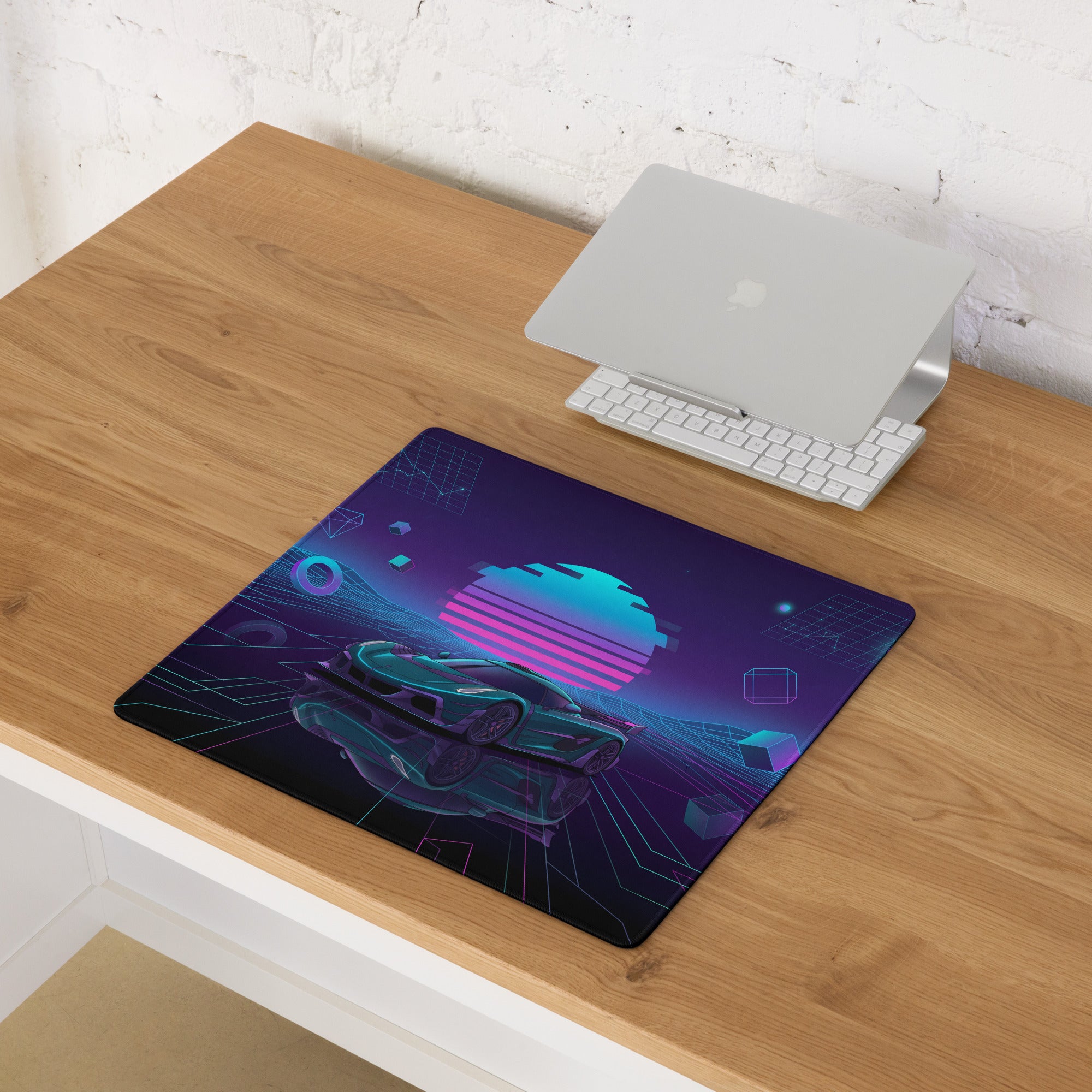 Koenigsegg Jesko Inspired Teal Purple Vaporwave Gaming Mouse Pad – Neon Grid Desk Mat, Retro Futuristic Supercar Digital Art, Cyberpunk Decor