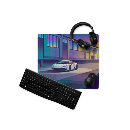 Lamborghini Huracán EVO Inspired White Blue Vaporwave Gaming Mouse Pad – Sunset Industrial Garage Desk Mat, Retro Futuristic Supercar Digital Art