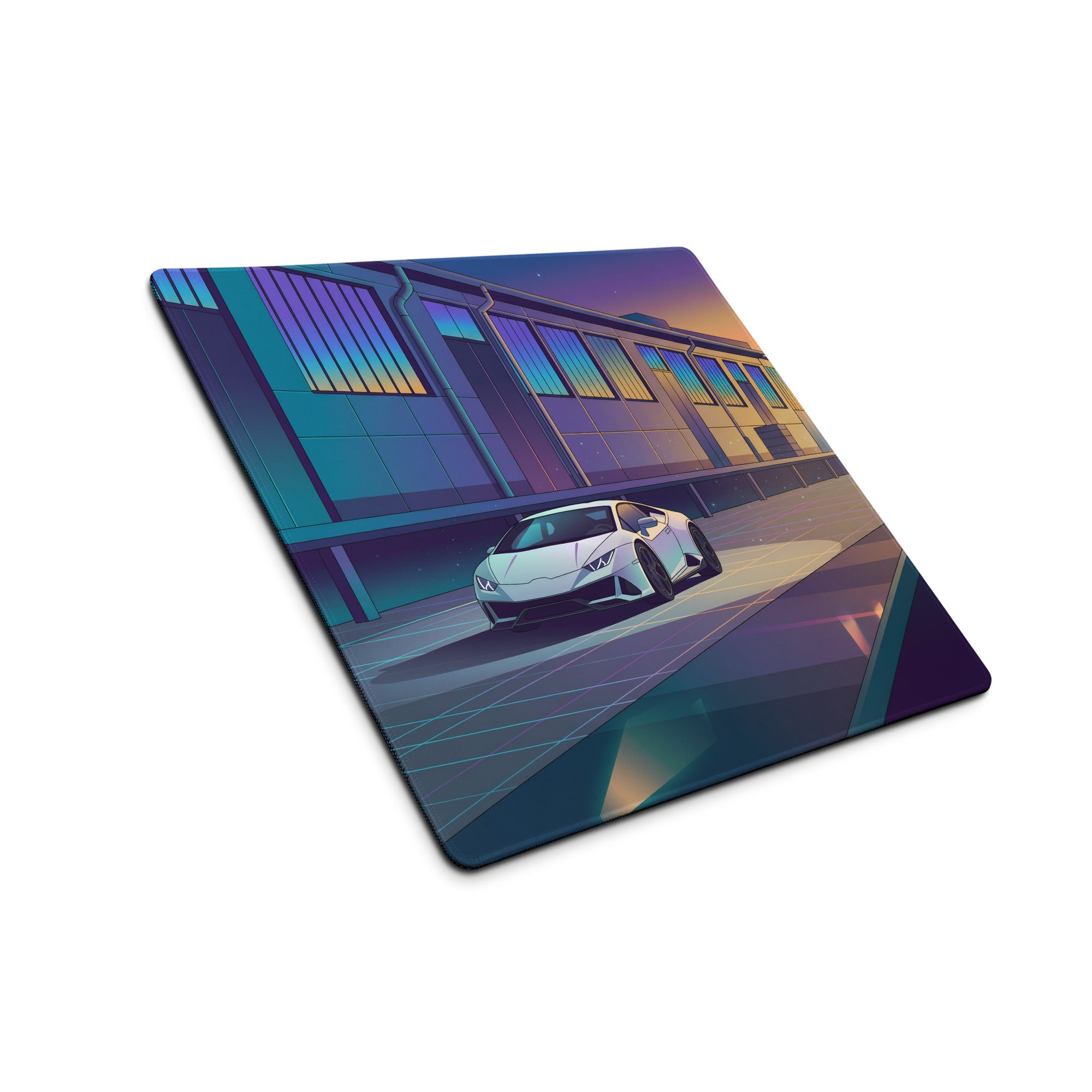 Lamborghini Huracán EVO Inspired White Blue Vaporwave Gaming Mouse Pad – Sunset Industrial Garage Desk Mat, Retro Futuristic Supercar Digital Art