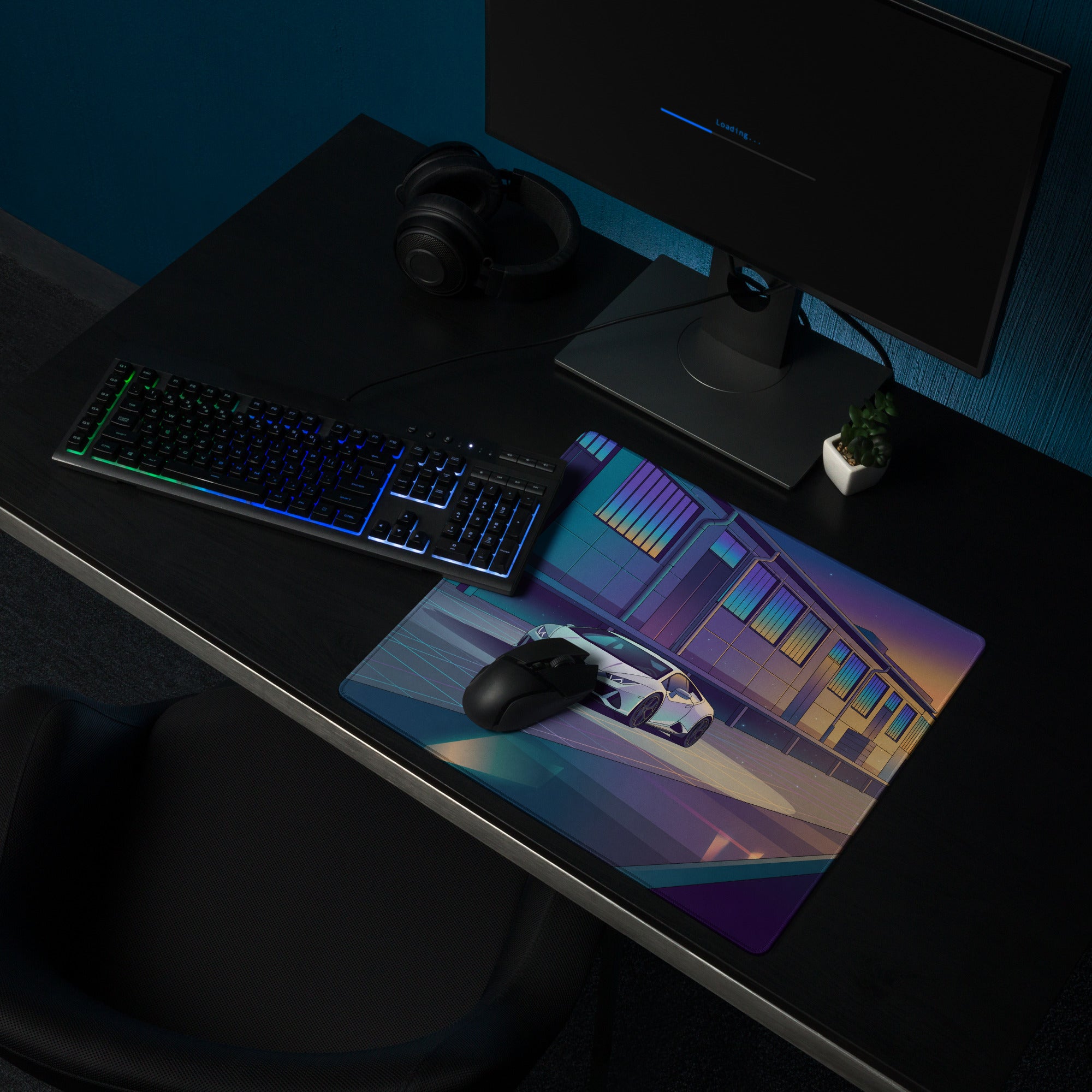 Lamborghini Huracán EVO Inspired White Blue Vaporwave Gaming Mouse Pad – Sunset Industrial Garage Desk Mat, Retro Futuristic Supercar Digital Art