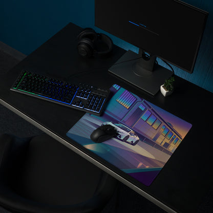 Lamborghini Huracán EVO Inspired White Blue Vaporwave Gaming Mouse Pad – Sunset Industrial Garage Desk Mat, Retro Futuristic Supercar Digital Art